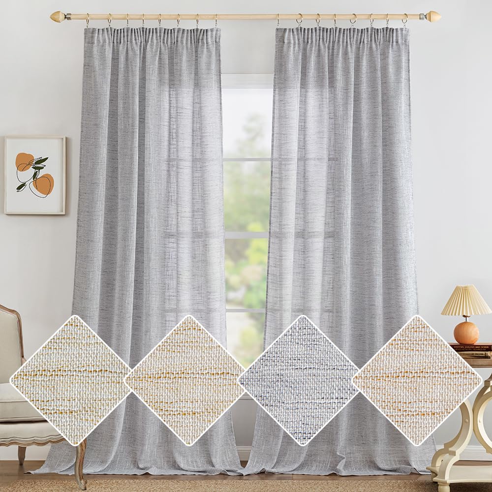 MIULEE Cortinas Salon Lino Visillo Dormitorio Translucidas Transparente Puro para Ventana Sala Cruzada Visillo Cortina 2 Piezas 140x245 cm Blanco Gris