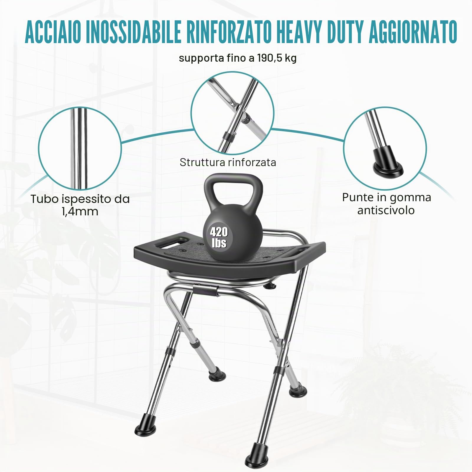 Sedia da doccia pieghevole, sedia da doccia pieghevole regolabile in altezza, sedia da doccia in acciaio inox idonea per doccia interna, sgabello da doccia portatile da viaggio 181,4 kg, sedia da