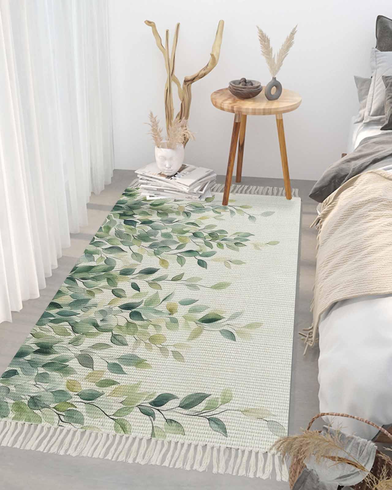 Sage Green Leaf Runner Rug for Hallway 3x5ft, Eucalyptus Leaves Washable Runner Rugs with Tassels Spring Watercolor Plant Woven Floor Carpet Botanical
