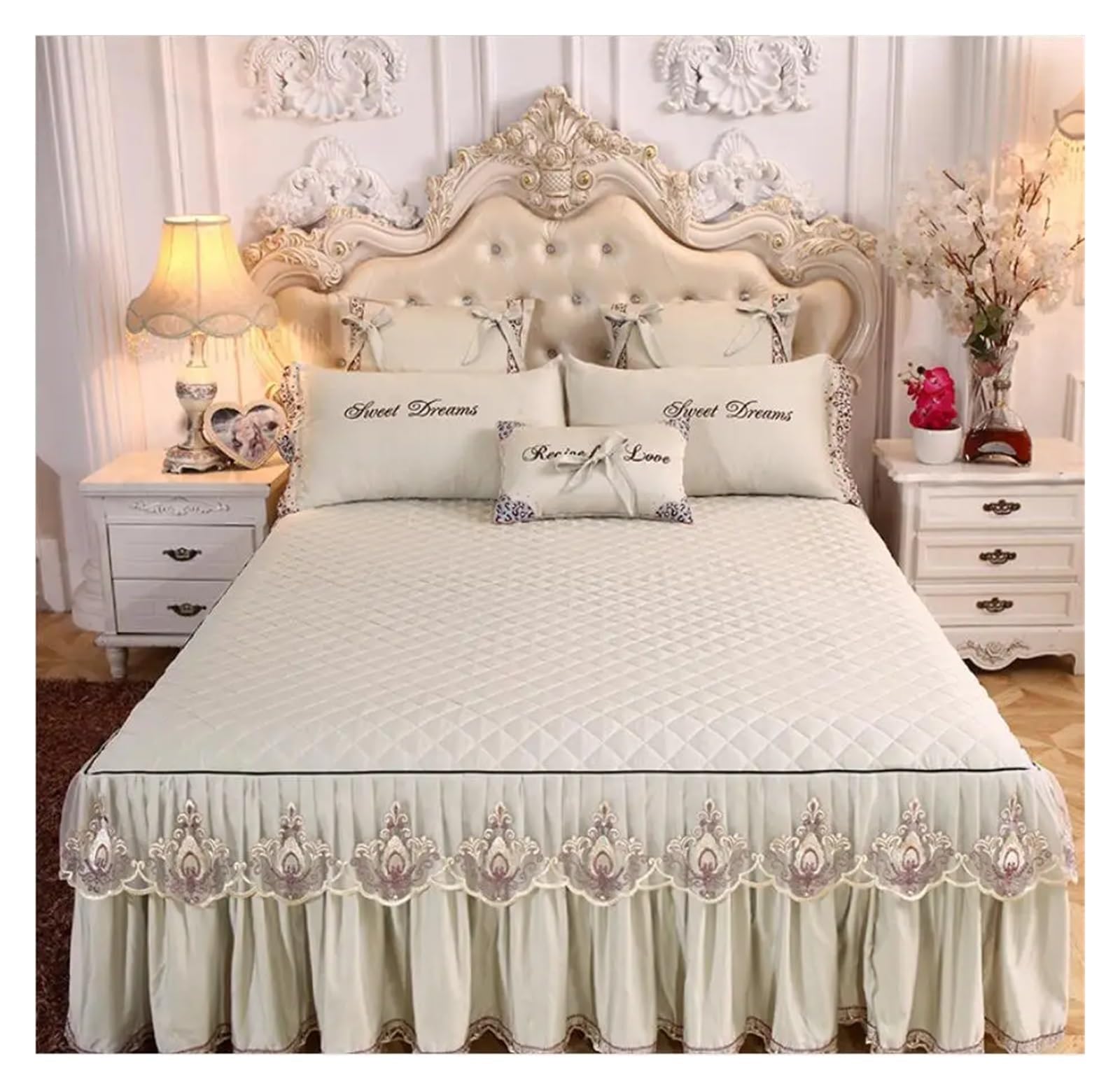 Lace Embroidered Bedding Bed Skirt With Cotton Quilted Bedspread On The Bed Solid Color Mattress Cover Sheet Pillowcase(Beige A,3pcs design 180x220)