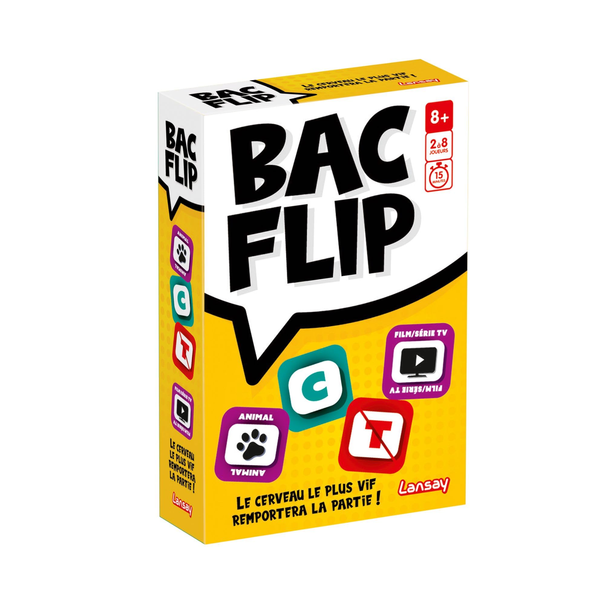Lansay - BAC Flip - Jeu de Société d'Ambiance Amusant pour Enfants Dès 8 Ans - Trouvez des Mots avec Lettres et Thèmes - Développe Réflexes & Imagination - Jeu de Cartes - 2 à 6 Joueurs - en Français