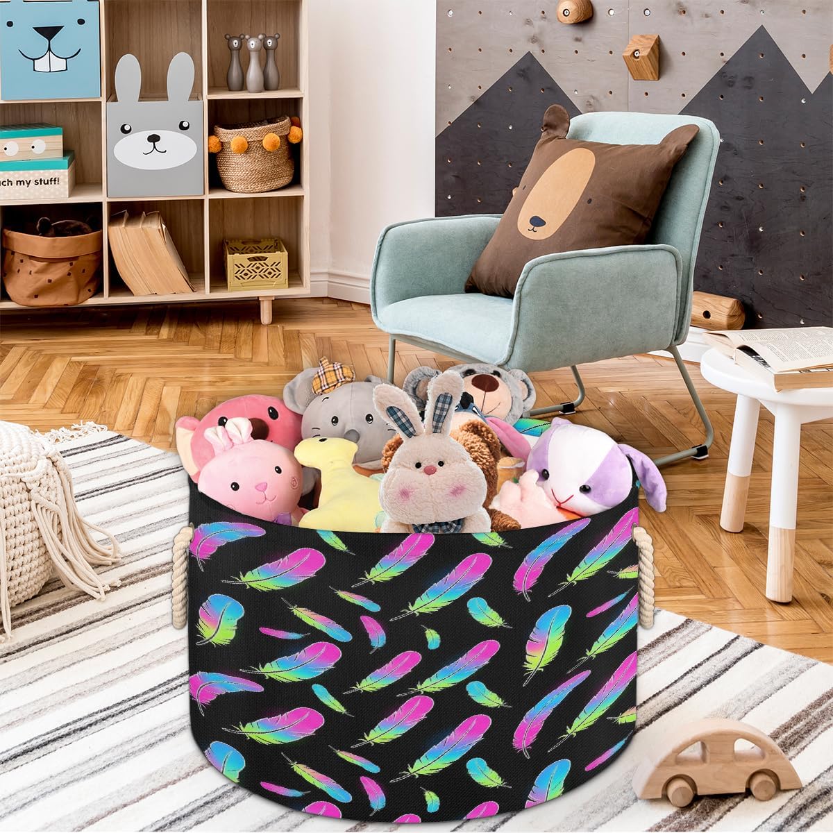 Large Storage Baskets - Rainbow Feather Boho Nursery Round Collapsible Organizer Bin Box, Laundry Hamper for Kids Toys, Blanket, Bedroom Living Room Home Decor, Gift Basket, 19.4"x13.3"