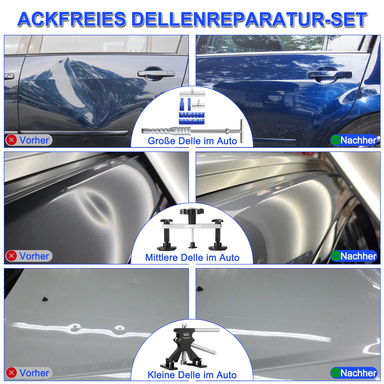 Dellen Reparaturset Auto, Ausbeulwerkzeug mit PDR Stangen, LED PDR Lampe Verstellbar, 2-in-1 T-Griff Abzieher, Leichter Beulenheber & Brückenzieher für Hagelschäden und Beulen