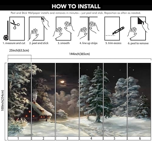 Miniatura 6 de VGHUYEVOGERE Murales de pared modernos 3D de pueblo nocturno de Navidad, papel tapiz autoadhesivo extraíble de PVC para decoración de pared de sala