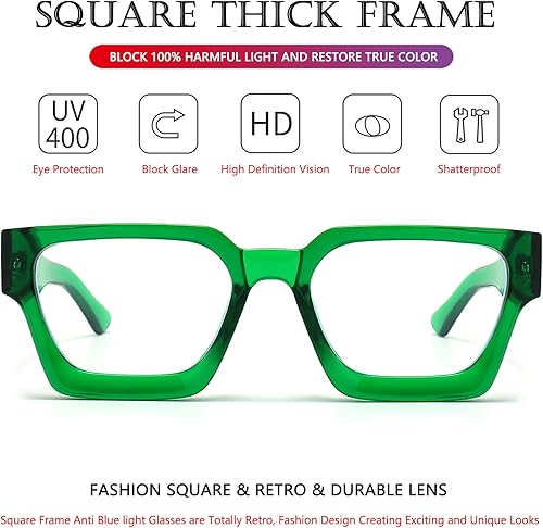 Miniatura 3 de AIEYEZO Lentes cuadrados de marco grueso para mujeres y hombres, lentes de luz azul a la moda, elegantes anteojos de computadora (verde transparente)