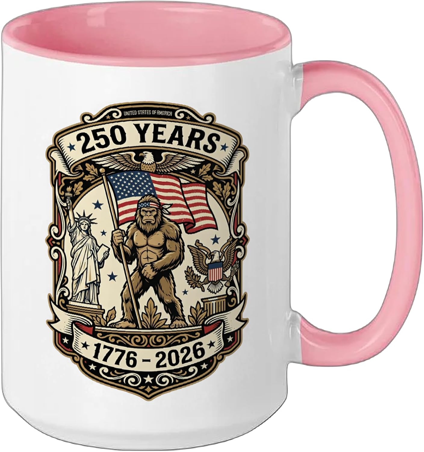 250 Years USA America 1776 2026 Patriotic Freedom Bigfoot Ceramic Mug, Pink/White, 15oz image 2