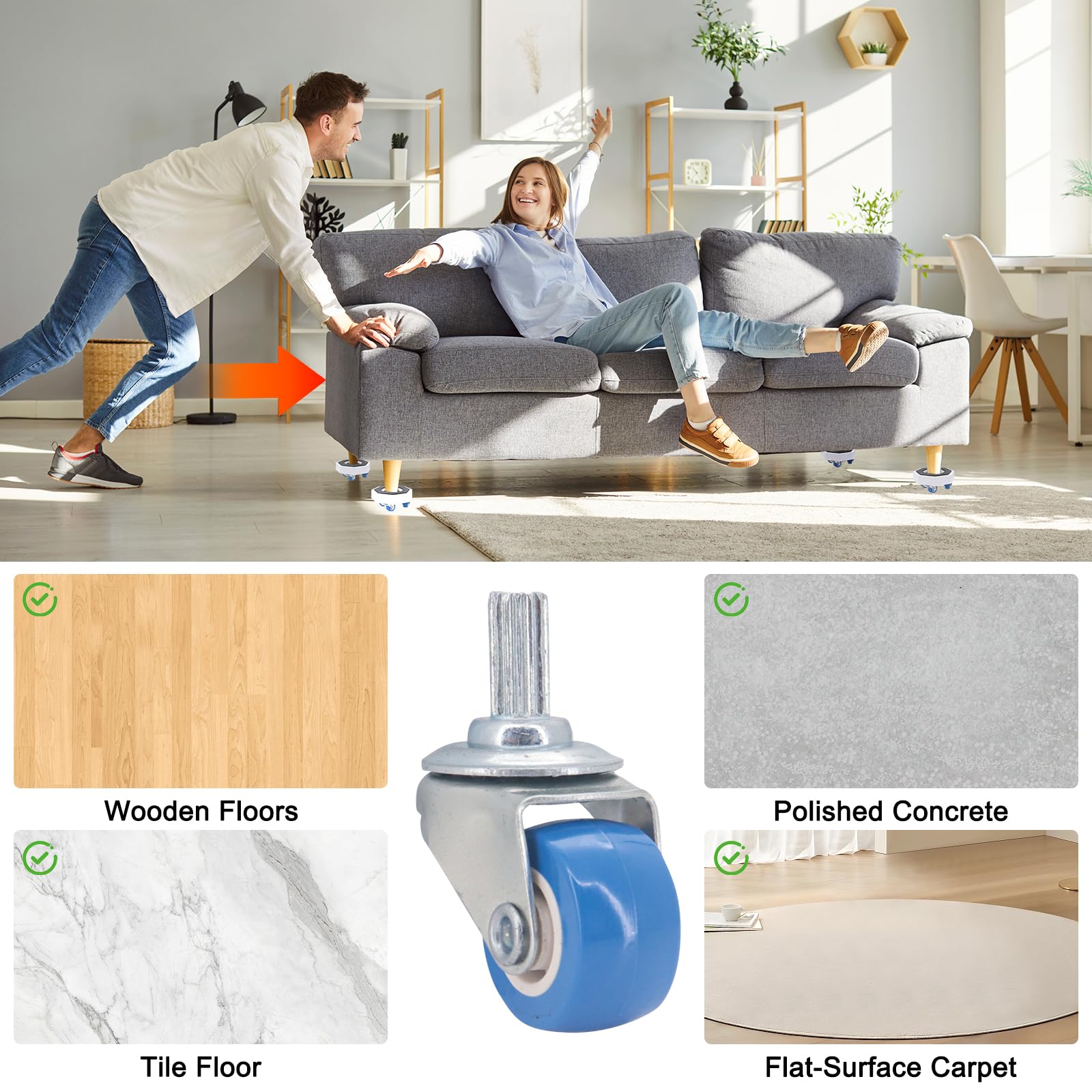 Set di sollevatori e cursori per mobili resistenti con ruote girevoli a 360°, capacità di 1000 kg, strumento per spostare divani, frigoriferi, armadietti su legno duro e moquette
