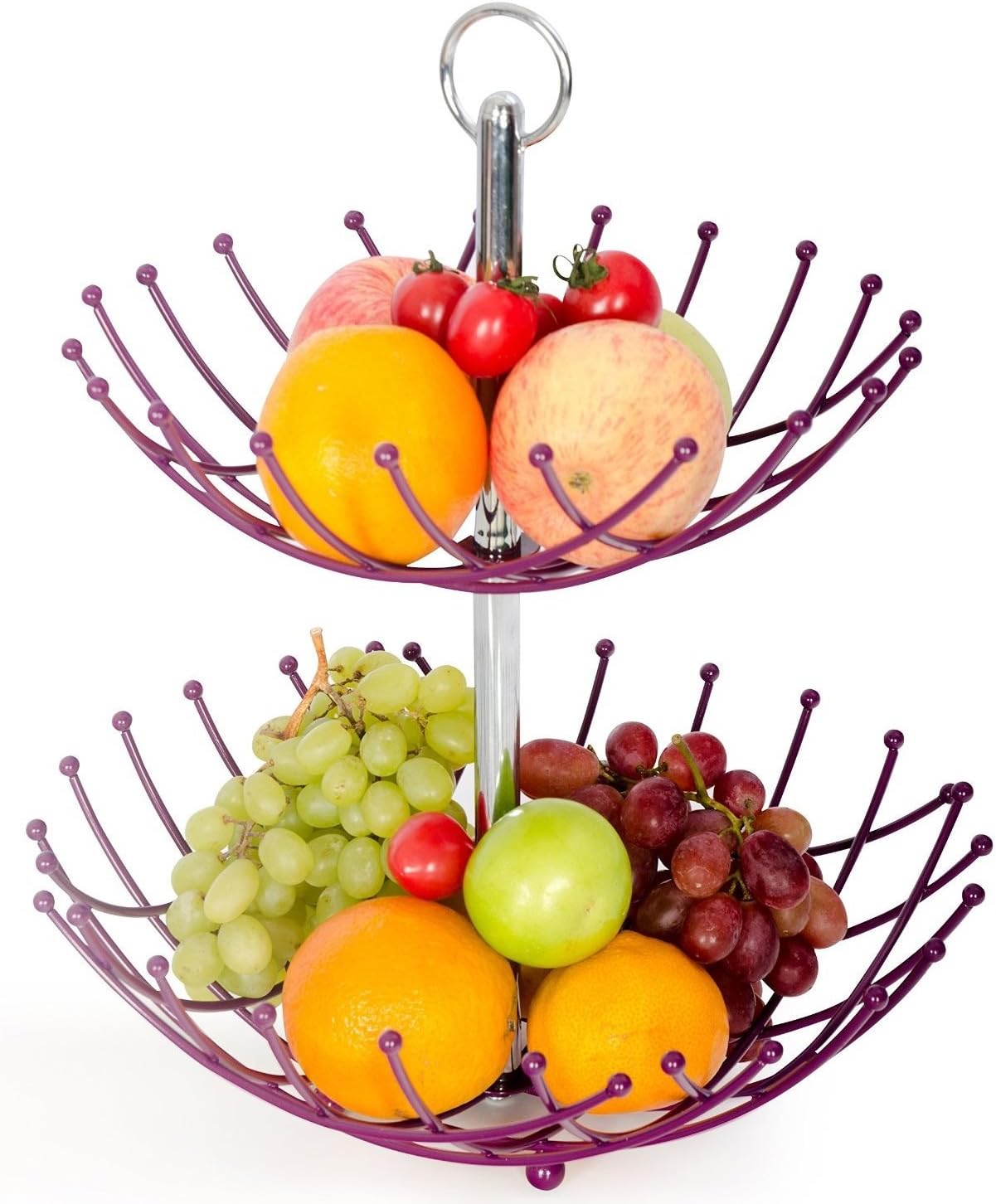 Fruit Basket Stand By Luxe Premium (Purple) - 2 Tier Fresh Veggie Holder Iron Wire for Large Capacity-modern Kitchen Countertop Storage for Exotic & Tropical Fruits, Bananas, Apples