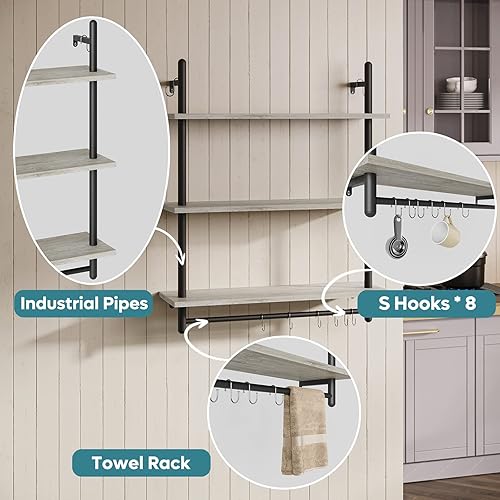 Miniatura 3 de Bestier Estantería Industrial de Tubería de 3 Niveles, Estantes Flotantes para Libros para Pared, Estantes Colgantes de Almacenamiento con Barra