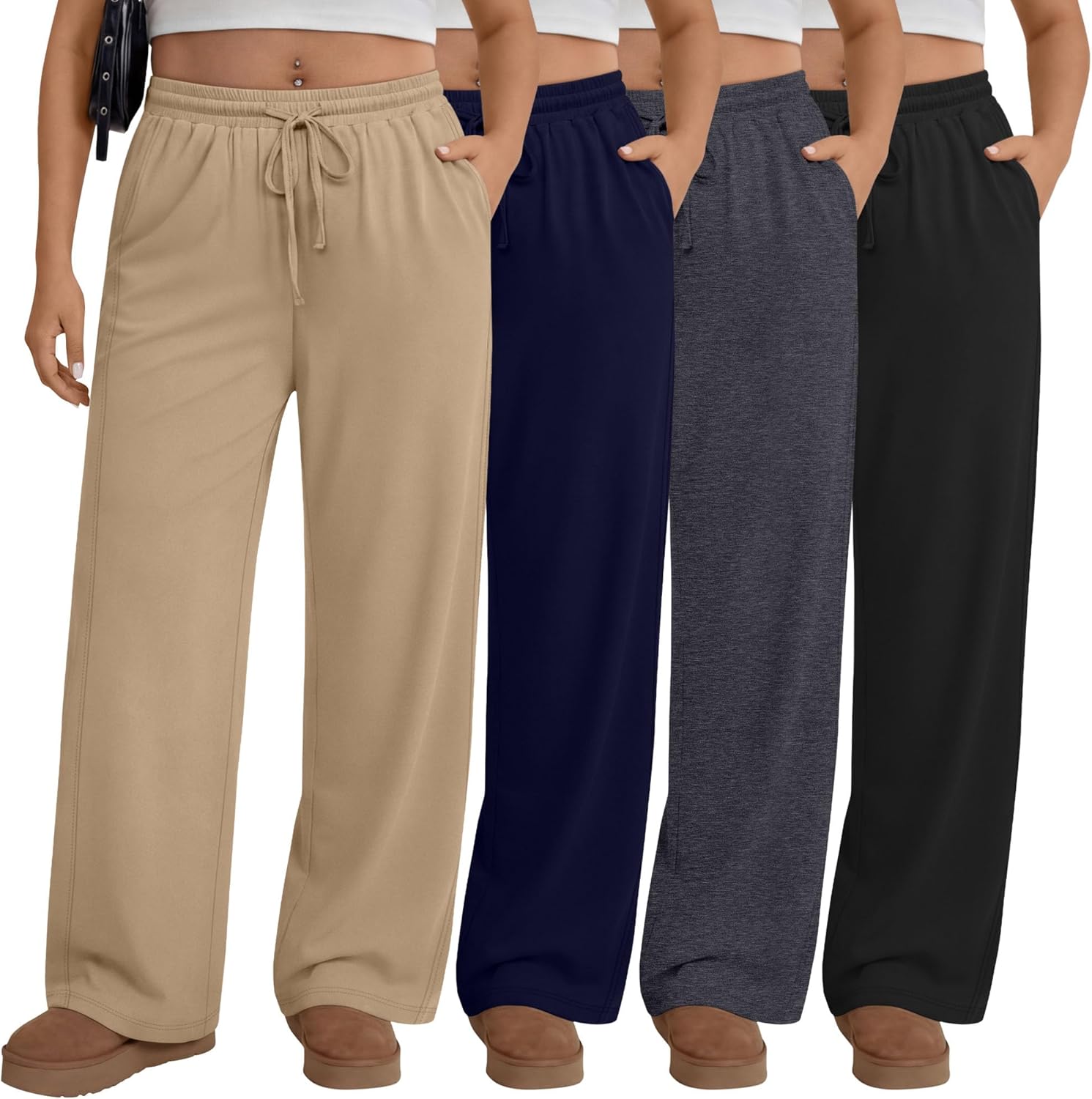 Velvelhall 4 Pack Women's Plus Size Pants Wide Leg Yoga Pants Elastic Waist Drawstring Sweatpants Pocket Lounge Casual Jogger