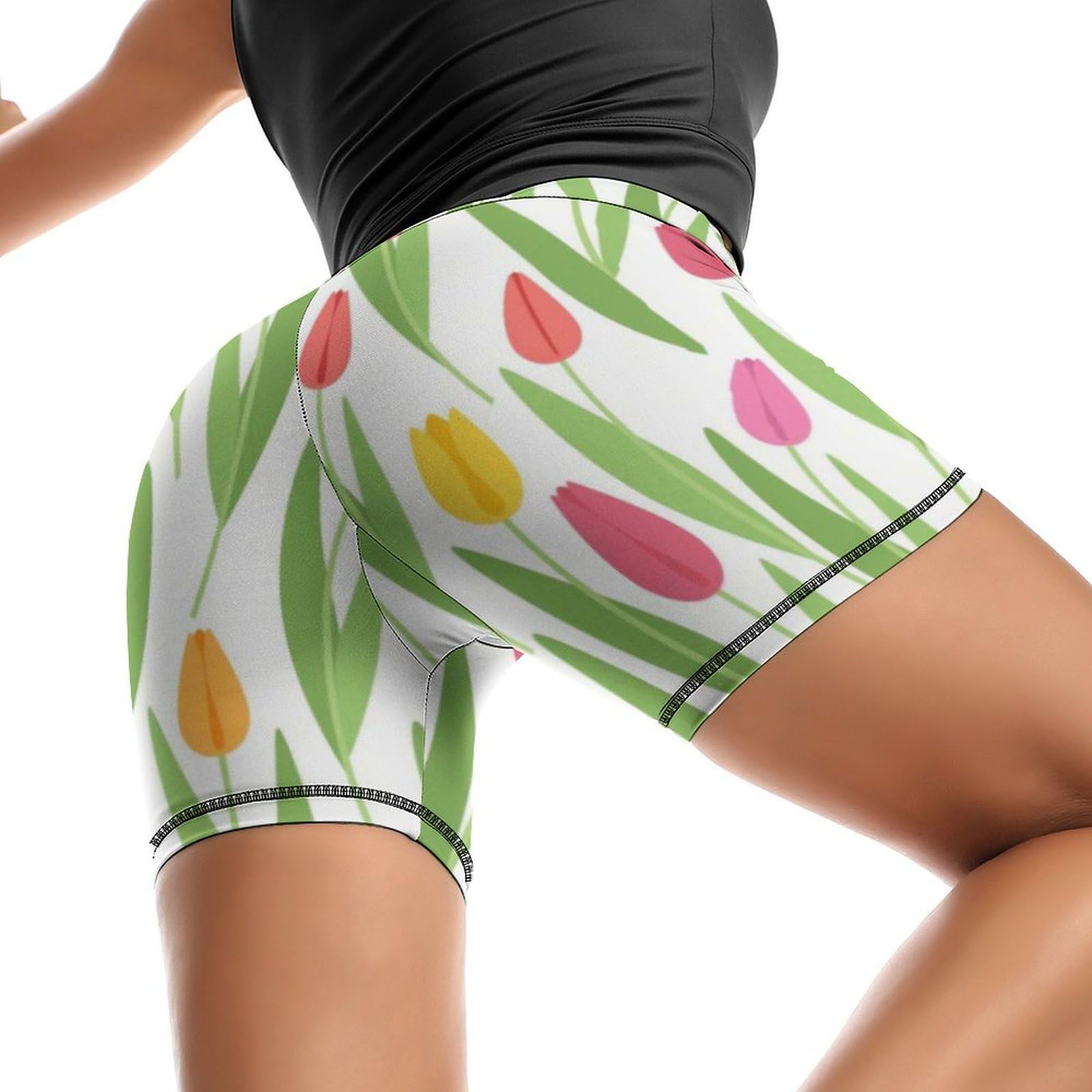 Cute Stylish Tulips Pattern High Waist Yoga Shorts for Women Athletic Shorts Leggings Running Pants Black