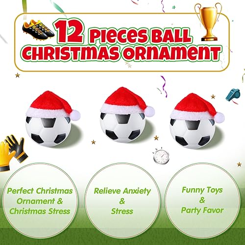 Miniatura 3 de 12 adornos de bolas de Navidad 2025 para árbol de Navidad de 2.4 pulgadas, decoración de baloncesto, fútbol, béisbol con sombrero de Papá Noel para