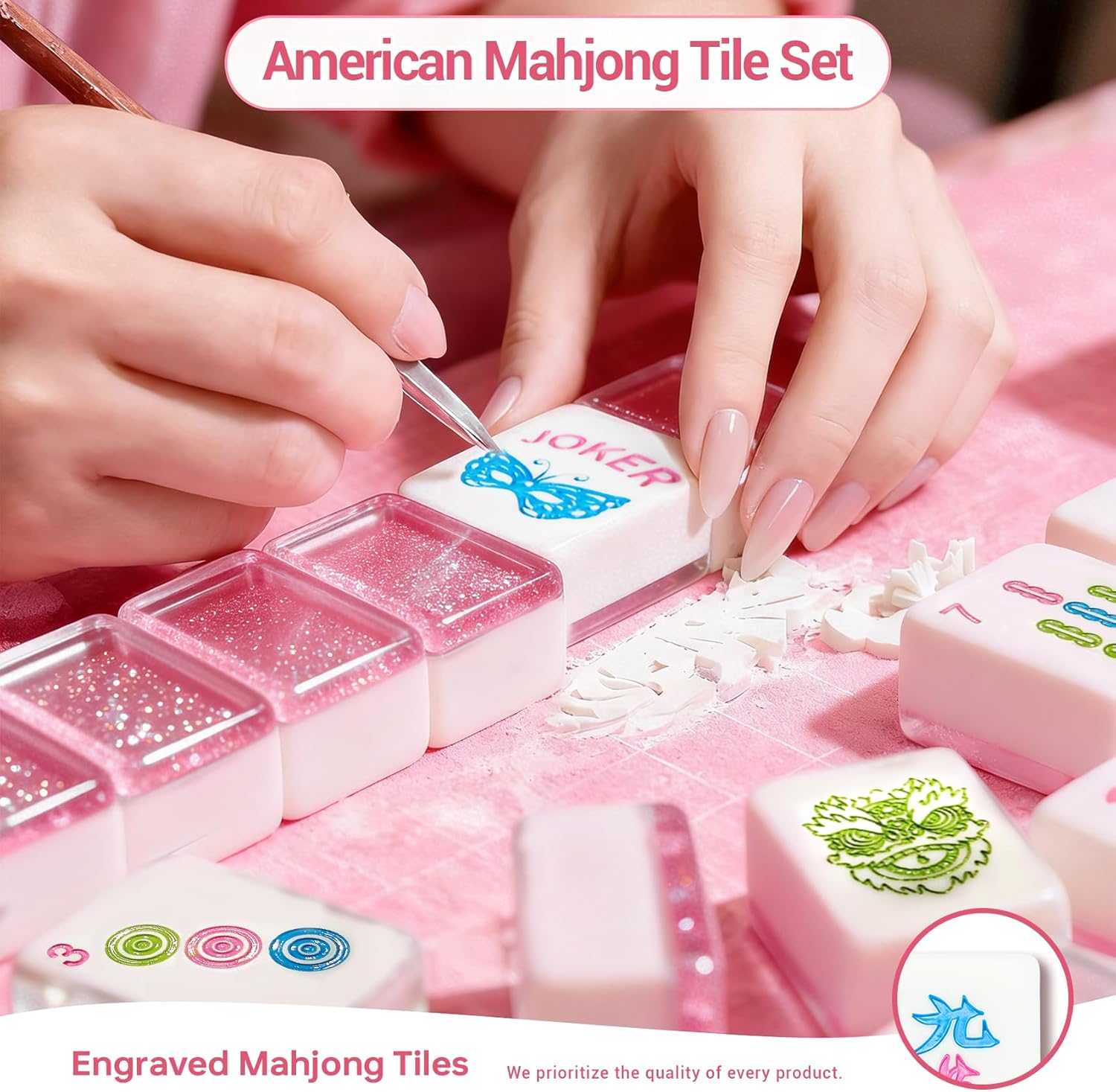 American Mahjong Tile Set, 166 Tiles (1.2”), Mahjong Tile Set with Carrying Bag, Dice, Mat, Cute Mini Tiles, Portable Travel Complete Game Set for Home Outdoor Enthusiast Gift Starlight Pink