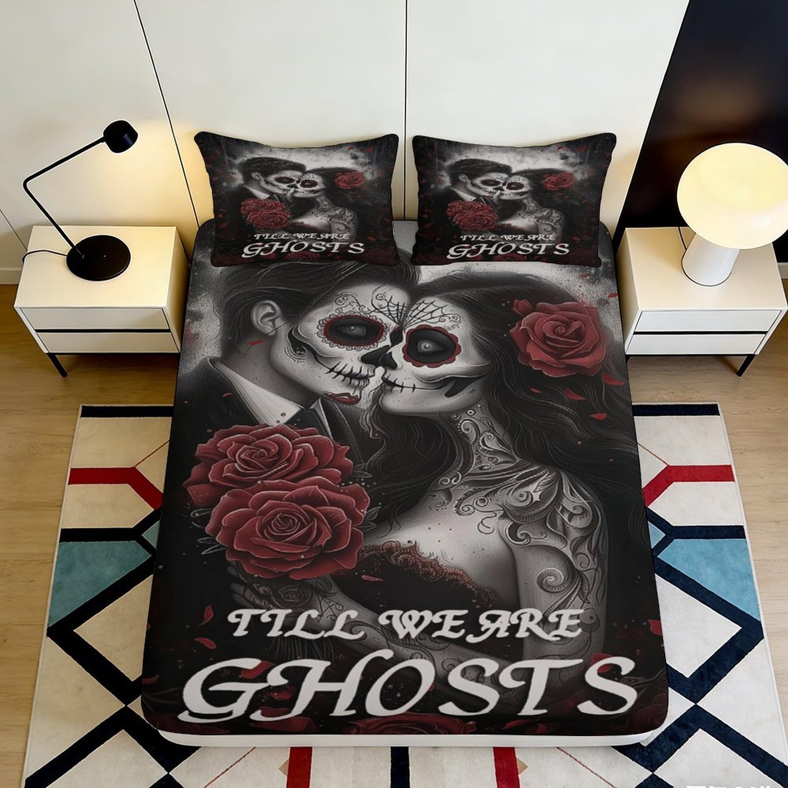 3D Printed Gothic Skull Couple Fitted Sheet Microfiber Anti-Slip Rose Skeleton Bed Cover Bedroom Decor 90x200x25cm