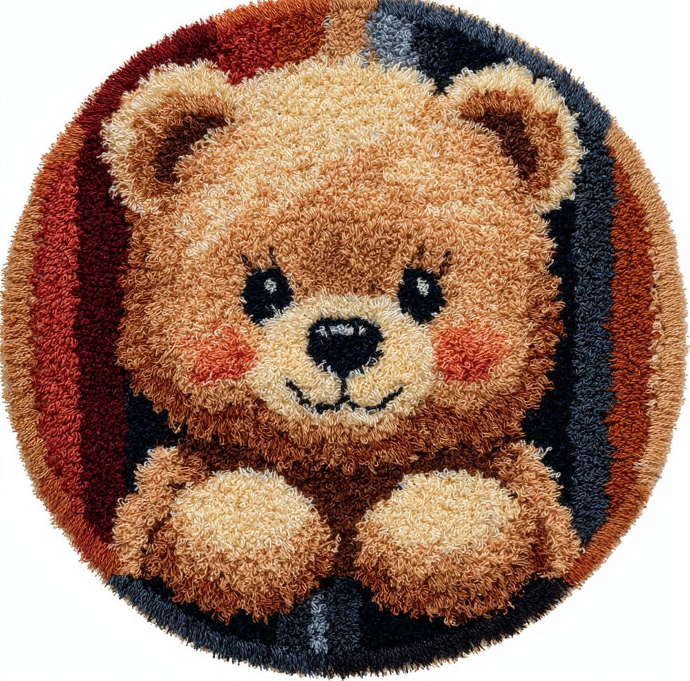 kitphoenix Round Shape Latch Hook Kits Rug Cute Bear 20X20Inch (50X50Cm) DIY Cushion Rug Carpet Making Crochet Hook Kits Preprinted Pattern Canvas Cushion Arylic Yarn Hooking Kits Mat Kits