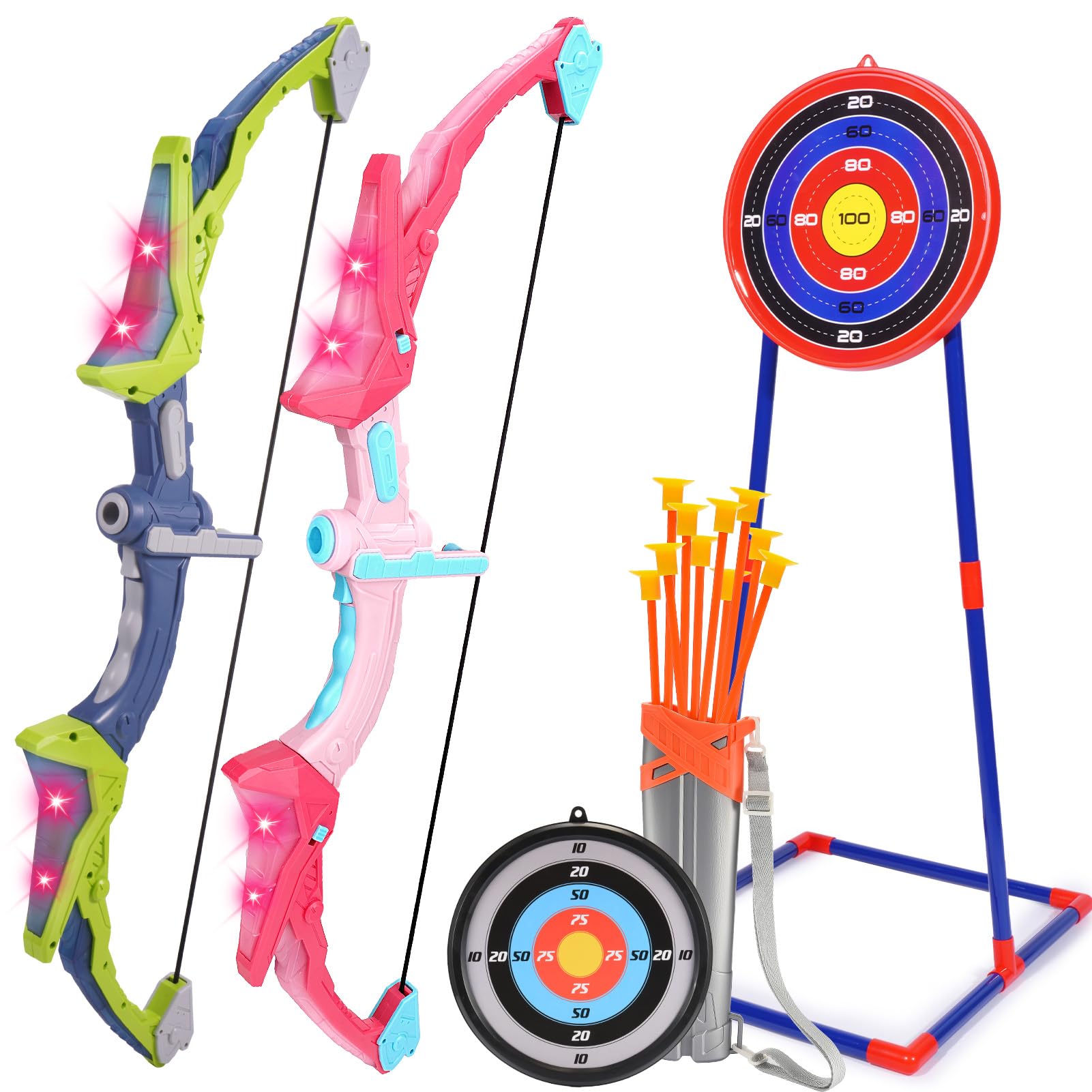 Bow and Arrow Set for Kids with LED Lights, Kids Archery Set with 2 Bow, 2 Target, Shoulder Quiver & 10 Suction Cup Arrows, Indoor Outdoor Toys for 3-12 Years Old Kids Birthday