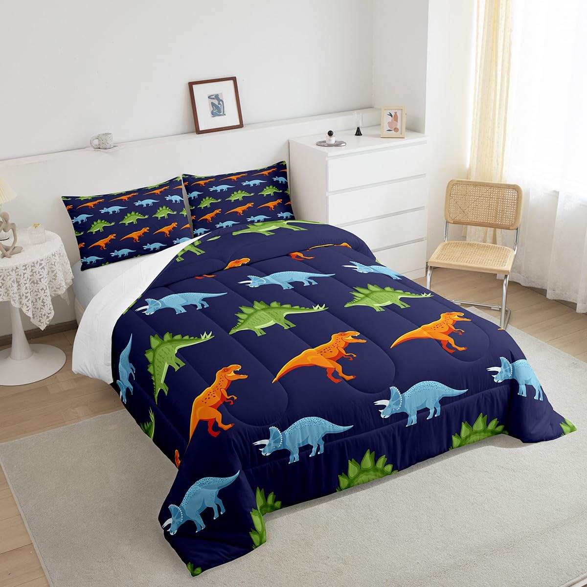 Homemissing Juego de ropa de cama de dinosaurio de dibujos animados, juego de edredón de dinosaurio azul oscuro para niños, edredón de plumón de dinosaurios, para niños y niñas, juego de edredón de