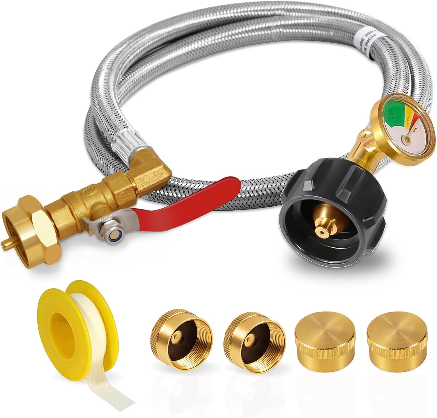 Propane Adapter for 1 lb. Tanks with Tank Gauge & Control Valve, 3 FT Propane Refill Stainless Steel Hose with 4 Bottle Caps, Fill 1 Pound Bottles from 5-40lb Tank