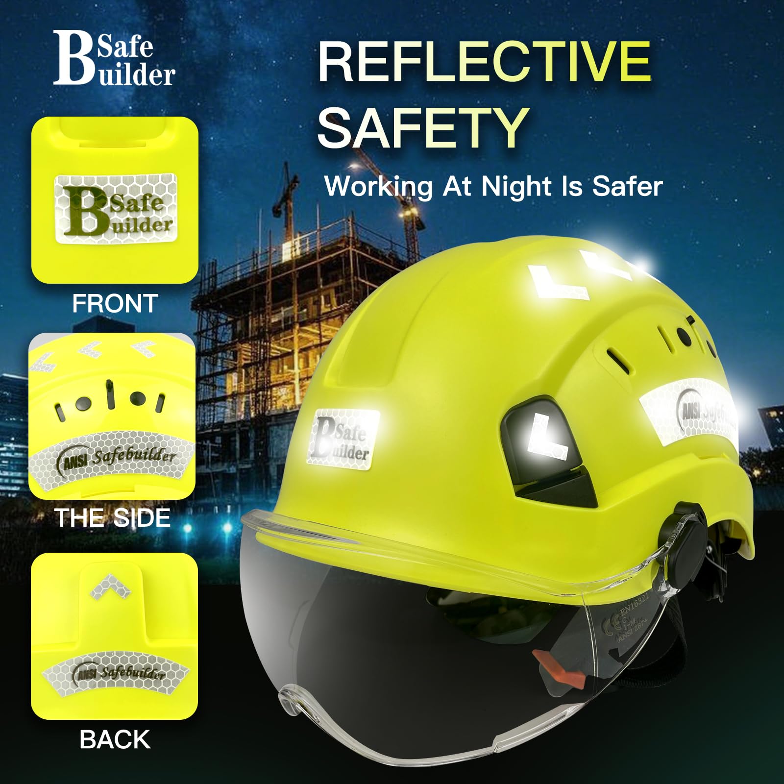 SAFEBUILDER Kask ochronny budowlany z wizjerem ABS twardy kapelusz regulowany kask wentylacyjny przemysłowa ochrona głowy roboczej dla mężczyzn certyfikat ANSI/ISEA Z89.1