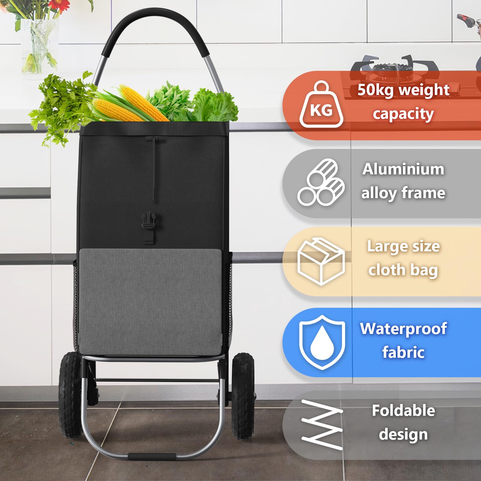 DROMEZ Wózek na zakupy, duże koła, wózek na zakupy, składany, 50 l, duża torba na zakupy z kółkami, obciążenie 50 kg, czarny i szary