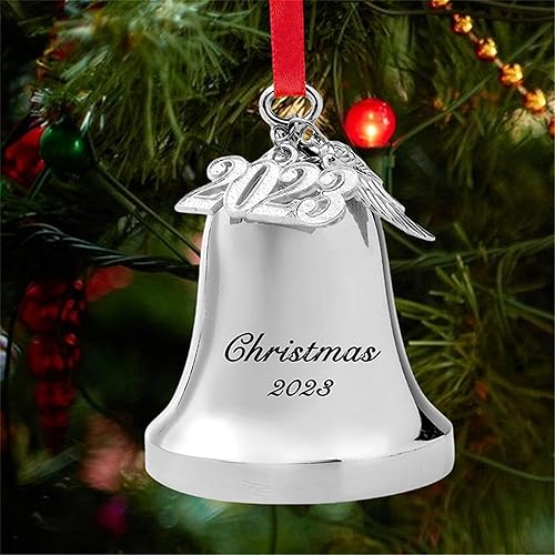 Miniatura 2 de JUPPE Golden It's A Wonderful Life Adorno de campana de Navidad, adorno de campana de trineo de Navidad grabada con ala de ángel y dije 2023