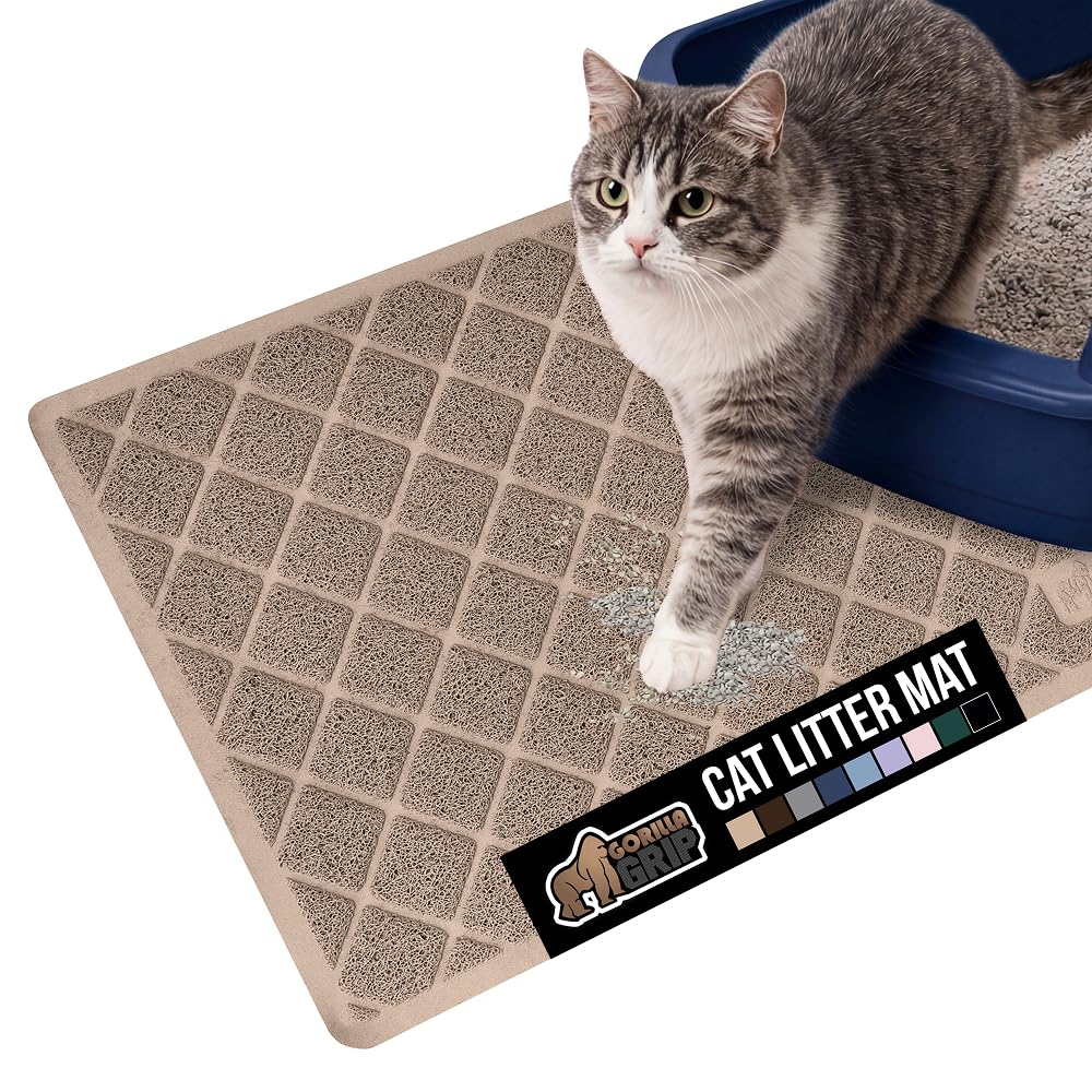 GORILLA GRIP Cat Litter Box Mat, Water Resistant, US Designed Kitty Litter Trapping Mats, Easy to Clean, Scatter Control, Less Mess and Clean Floors, Kitten Supplies for Indoor Cats, 24x17 Beige