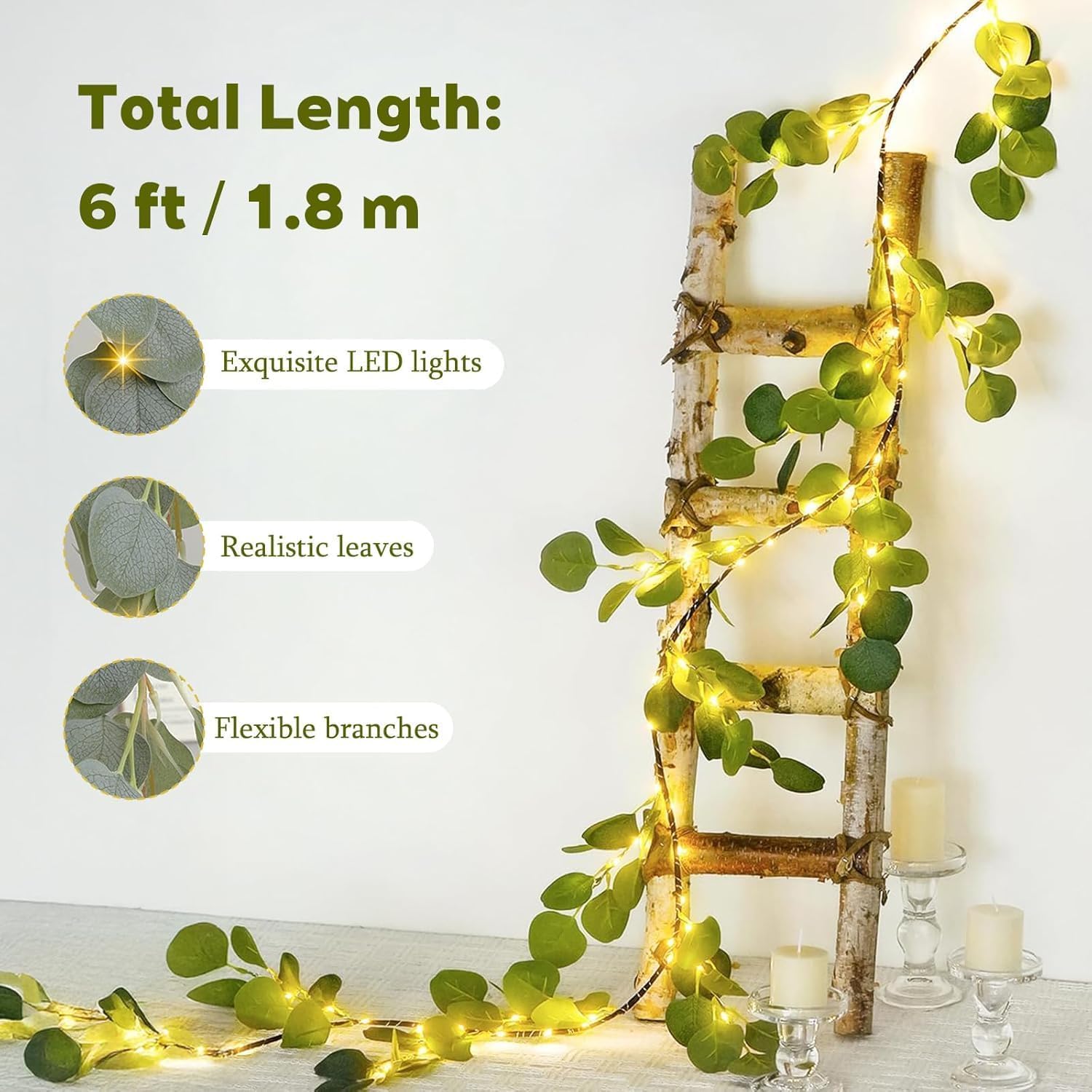 gresonic 180 cm, gałązki 96 diod LED ze sztucznym oświetleniem eukaliptusowym łańcuchy świetlne na choinkę do dekoracji domu na Boże Narodzenie (2 sztuki)