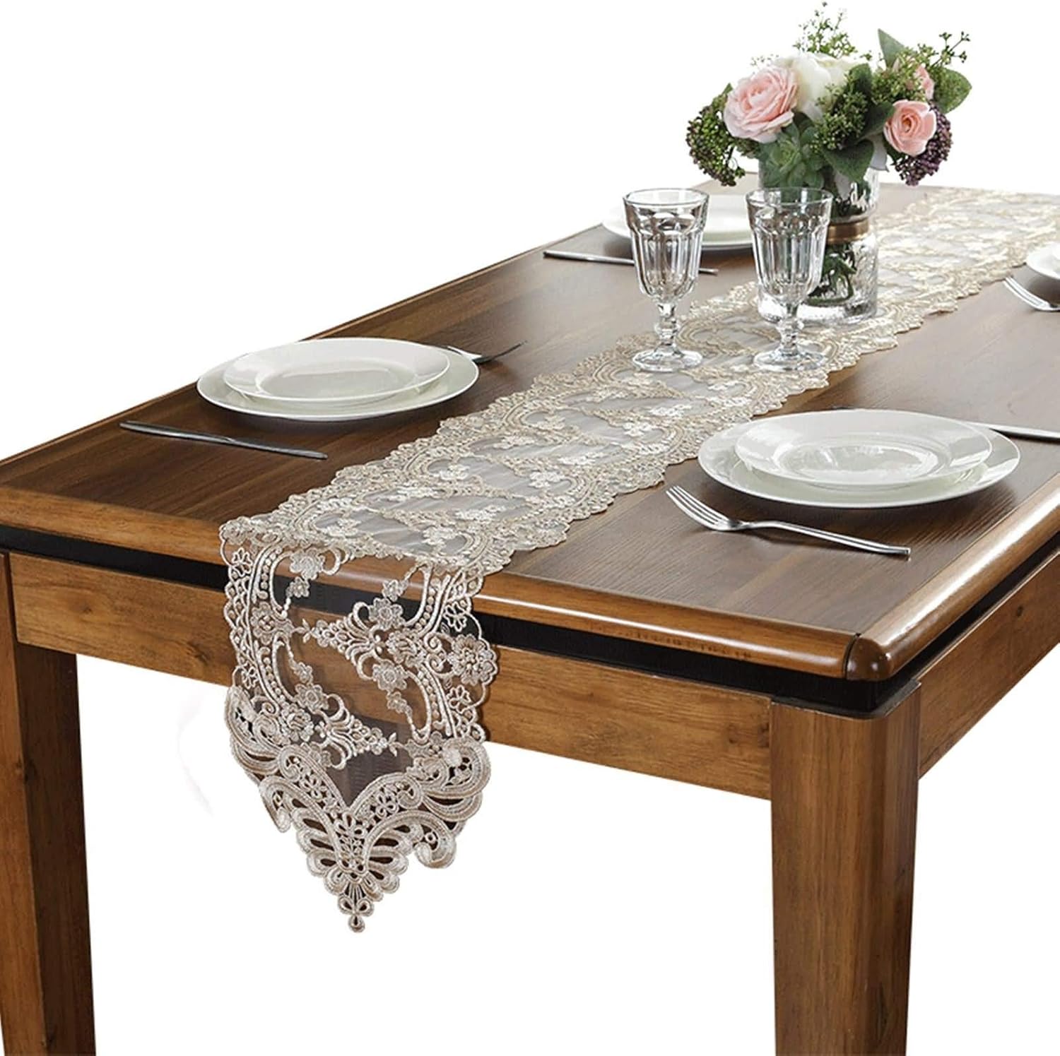 Table Runner Decorative,26x150CM,Flower Pattern with Lace Rectangle Table Runner Polyester,Festive Table Runner Champagne