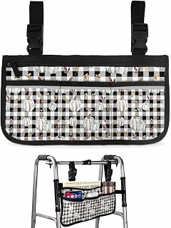 Thanksgiving Wheelchair Side Bag Walker Bag, Grey Pumpkin Leaves Fall Harvest Black White Plaid Wheelchair Accessories Armrest Pouch, Organizer Storage Bag for Walkers, Rollators, 7.3''x13''
