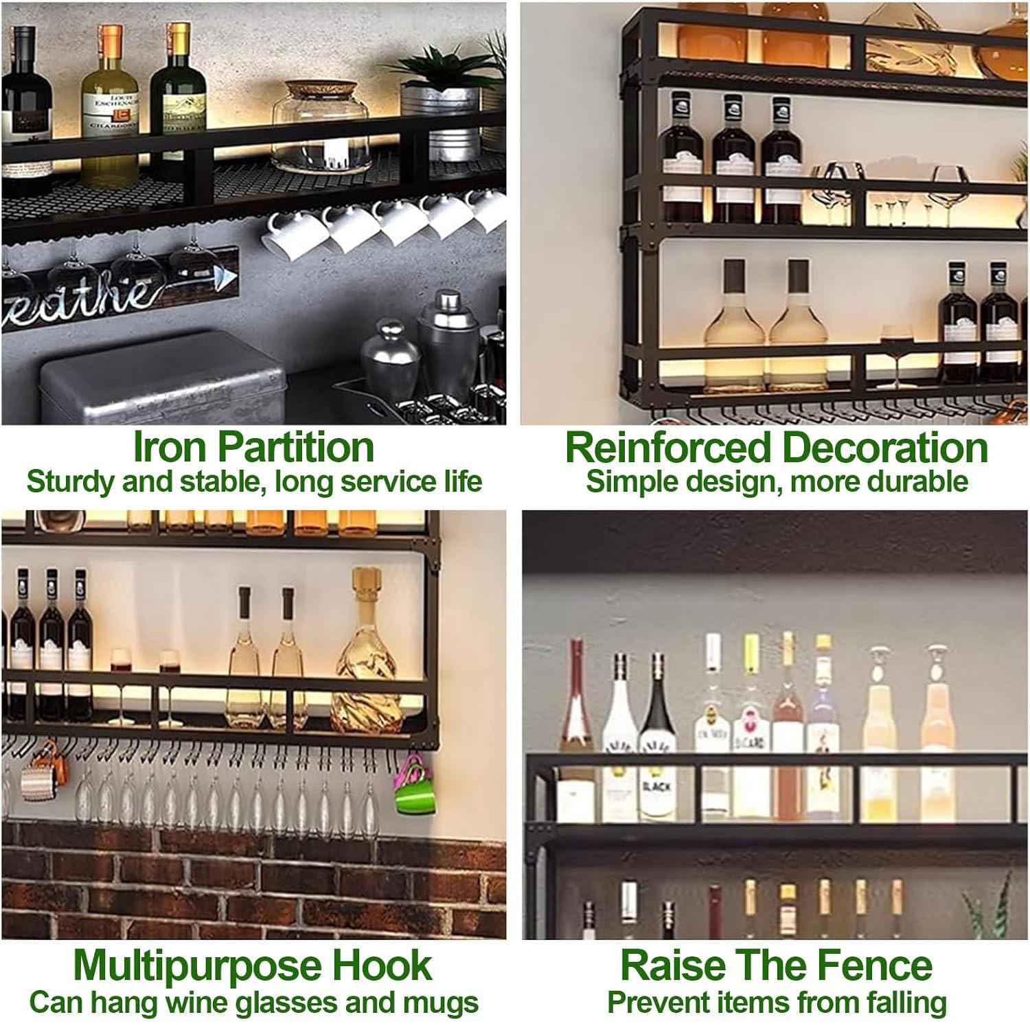 Estante para vinos con LED, soporte para botellas de vidrio montado en la pared debajo del estante, estantes flotantes para licores, organizador de almacenamiento y exhibición,GoldThree-story-150cm