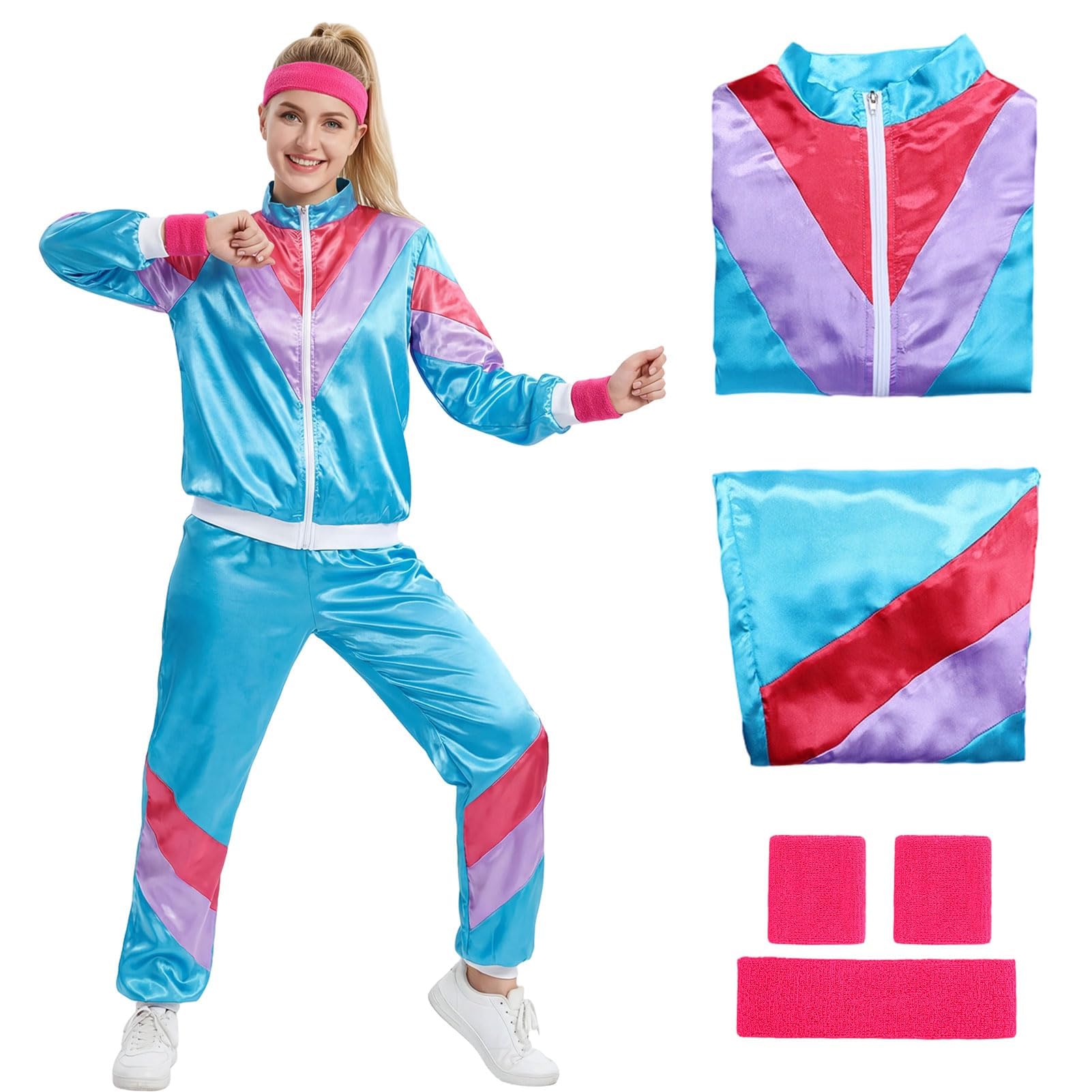 Amycute 80s 90s Retro Shell Suit Tracksuit for Men Women, Neon Disco Fancy Dress Costume with Headband & Wristbands for 80s 90d Theme Party, Hen Do, Festival Outfit(Blue,S)
