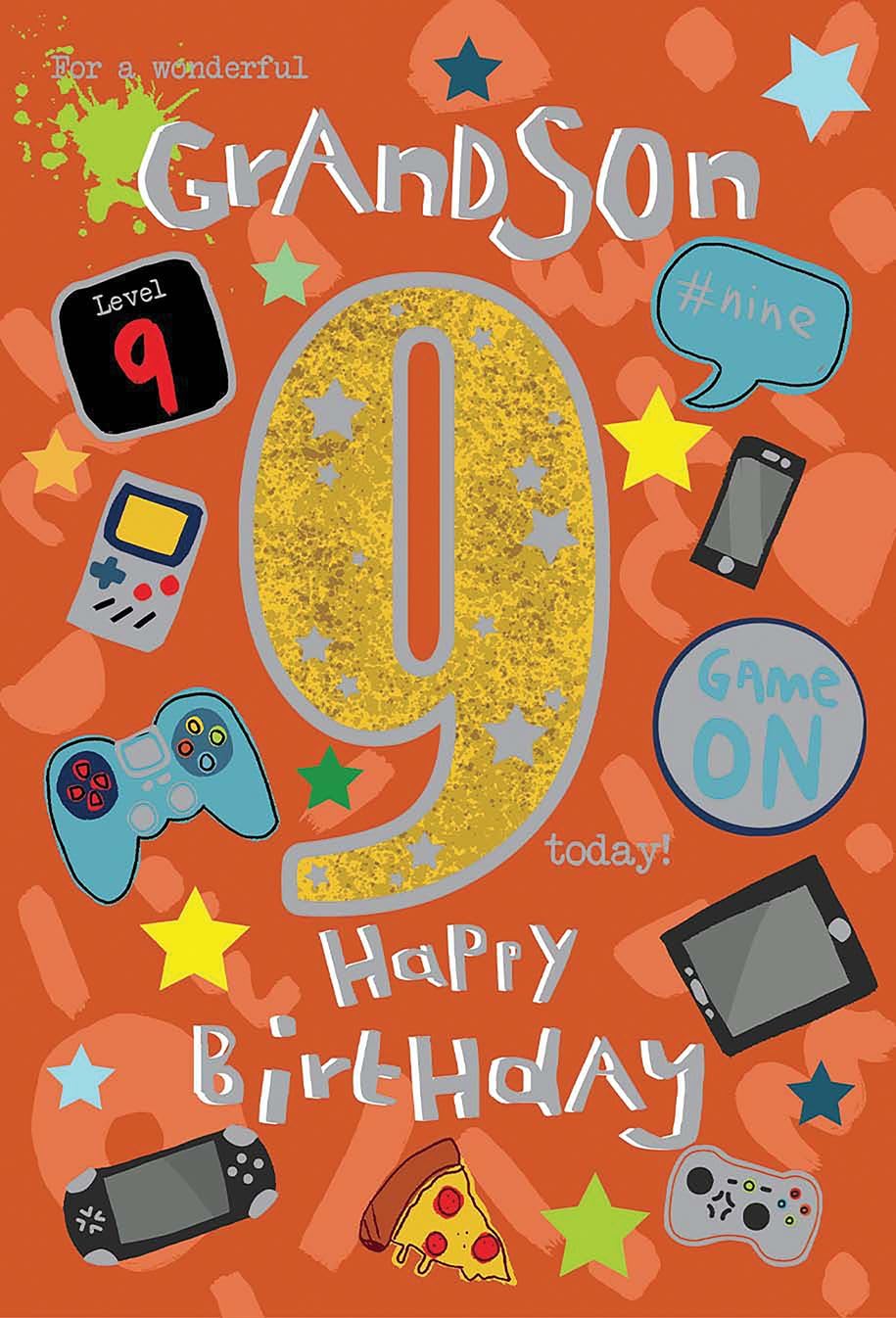 Birthday Card Grandson 9th 9. 9"" *Silver foiling, and paper pages inside*.