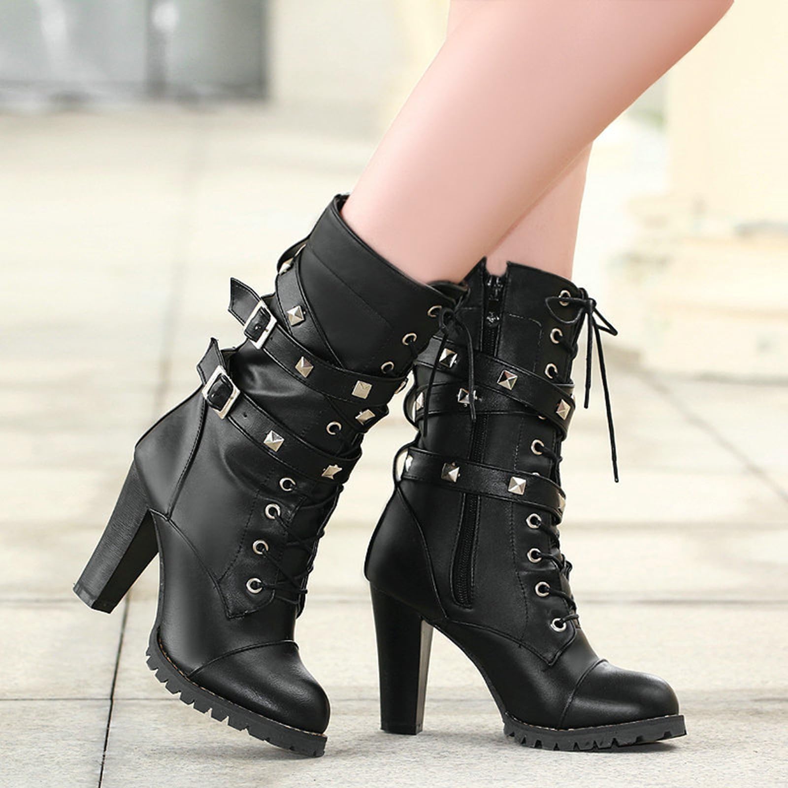 9CM Bottes à Cheville pour Femmes Chunky Heels High Heels Lace Up Noir Bottes à Talons Hauts Mode Sexy Boots Short Boots