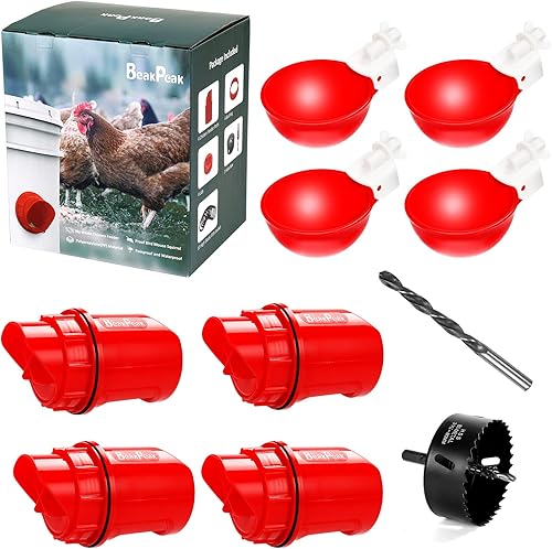 Comedero de pollo para bricolaje, alimentador de aves de corral sin desperdicio, 4 puertos y 1 sierra de agujero, alimentador de agua, kit de