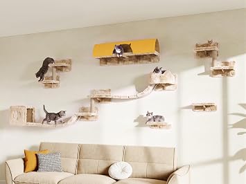16-in-1 Cat Wall Shelves, Cat Furniture w/Tunnel & Bridge, Beige