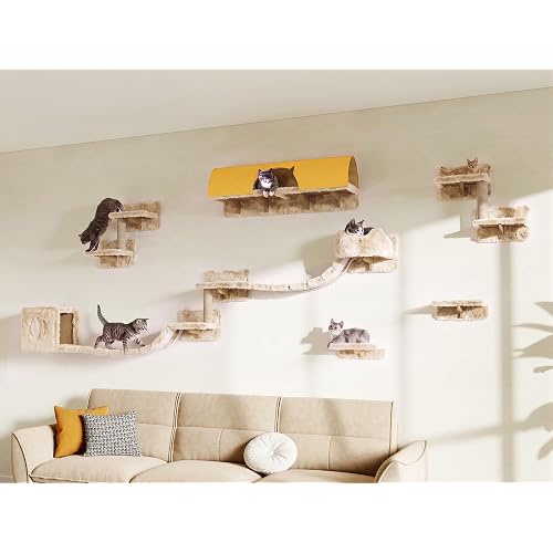 16-in-1 Cat Wall Shelves, Cat Furniture w/Tunnel & Bridge, Beige