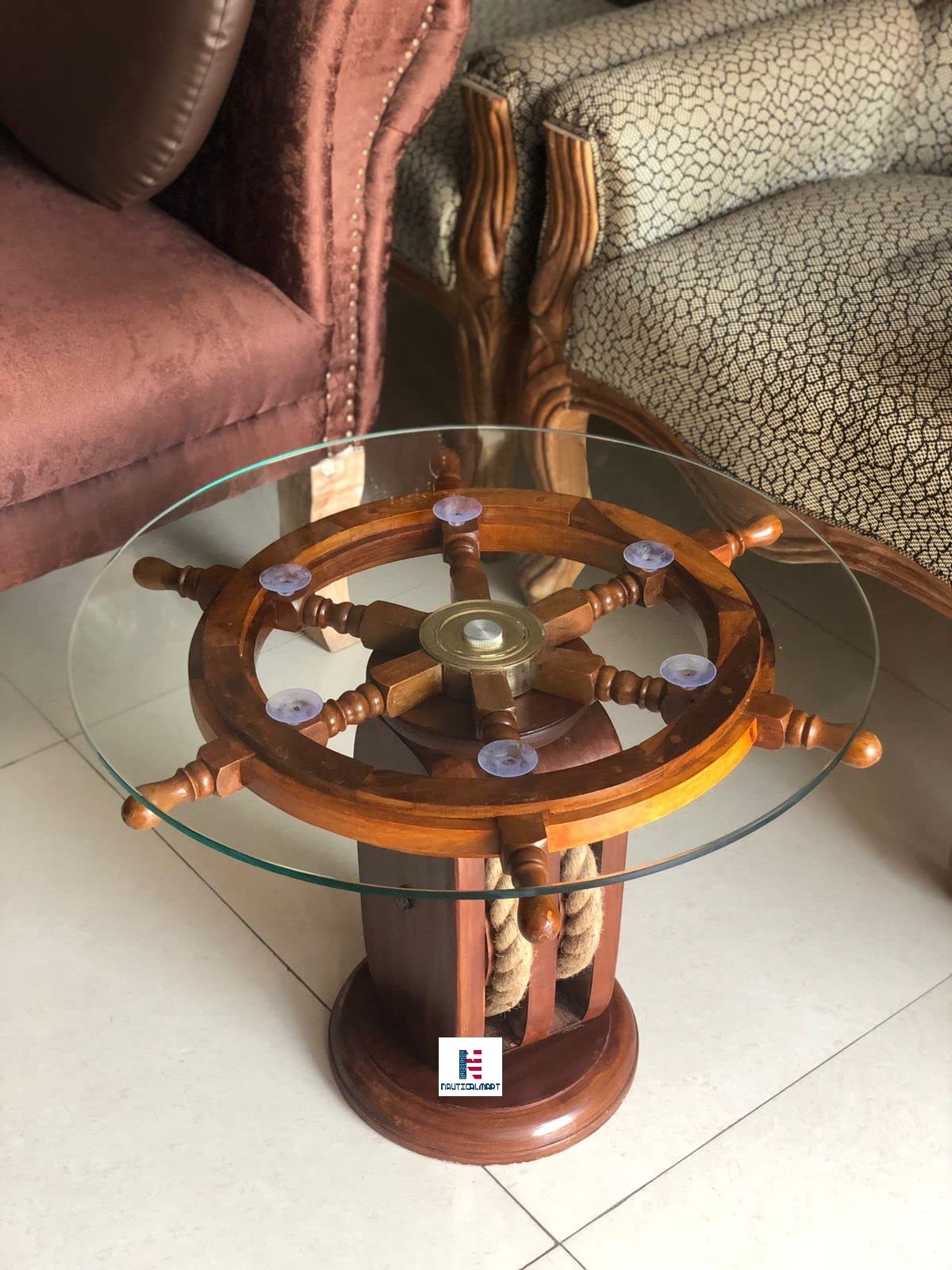 Nautical Marine Ship Wheel Table W/Wooden Base Home Office Furniture Decor (24 Inches)