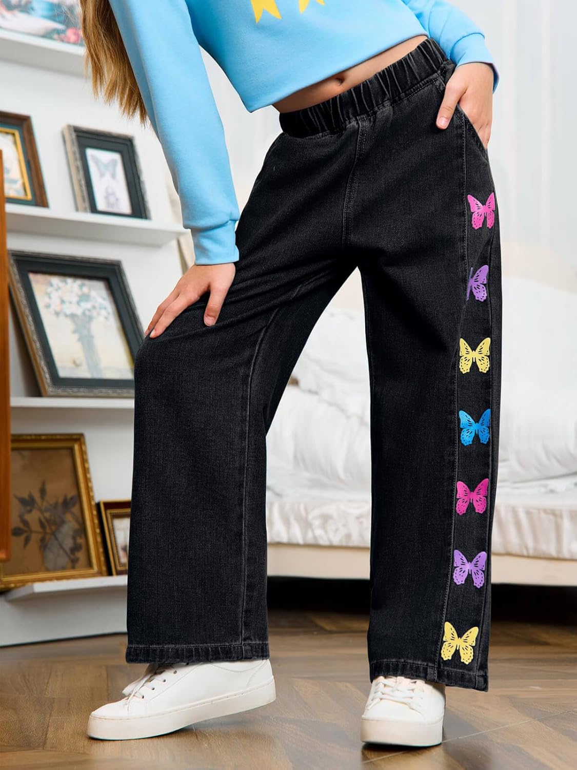 Haloumoning Girls Butterfly Print Jeans Kids Elastic Waist Wide Leg Denim Baggy Pants with Pockets 5-14Y - Image 5