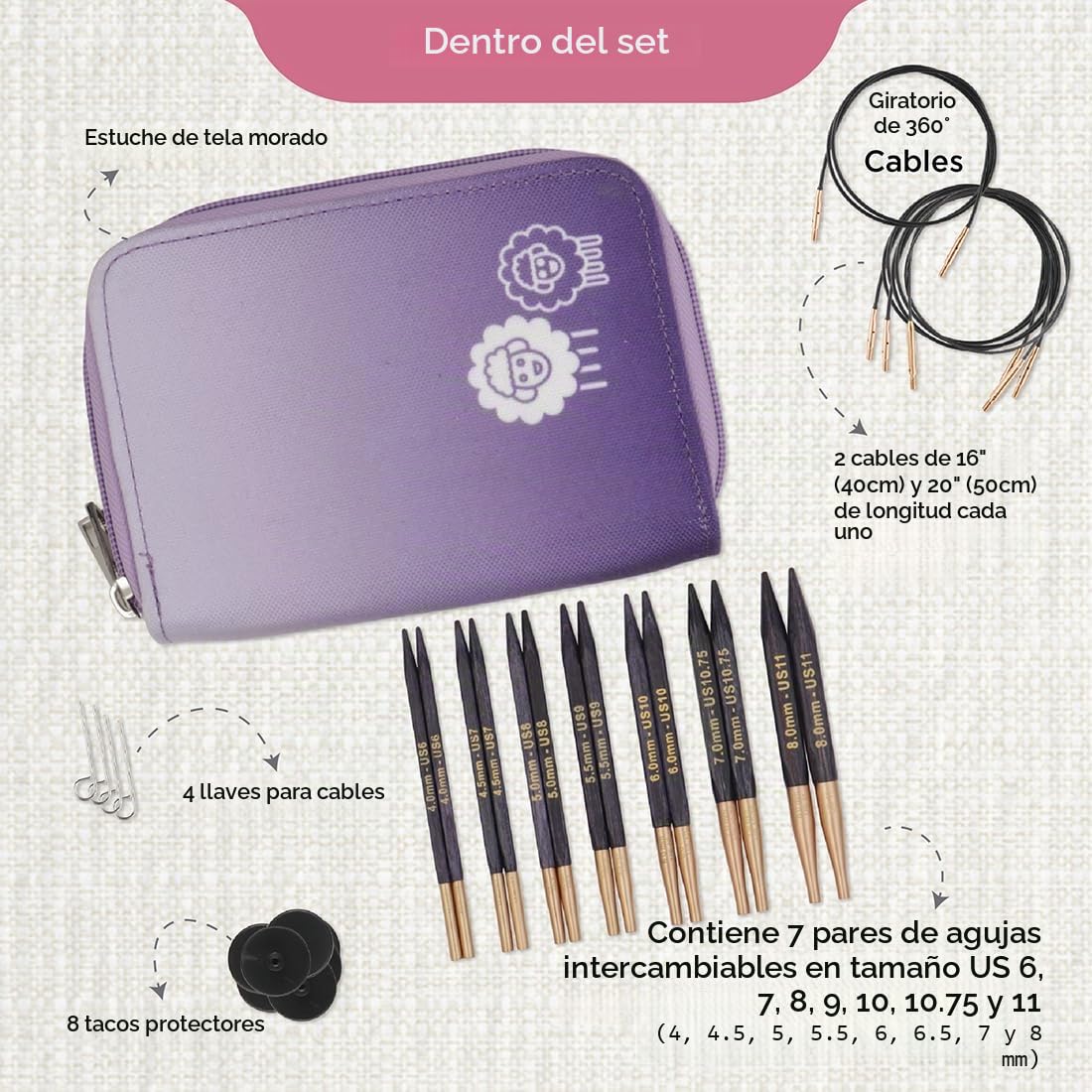 KnitPro J'Adore Cubics Alfileres para tejer, circulares, intercambiables, longitud especial, juego de lujo