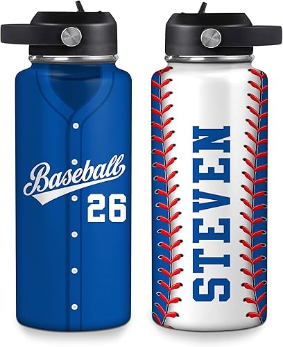 Vista 17 de Hyturtle Botella de agua de béisbol personalizada, botella de acero inoxidable aislada de viaje con tapa a prueba de fugas, 18 onzas, 32 onzas