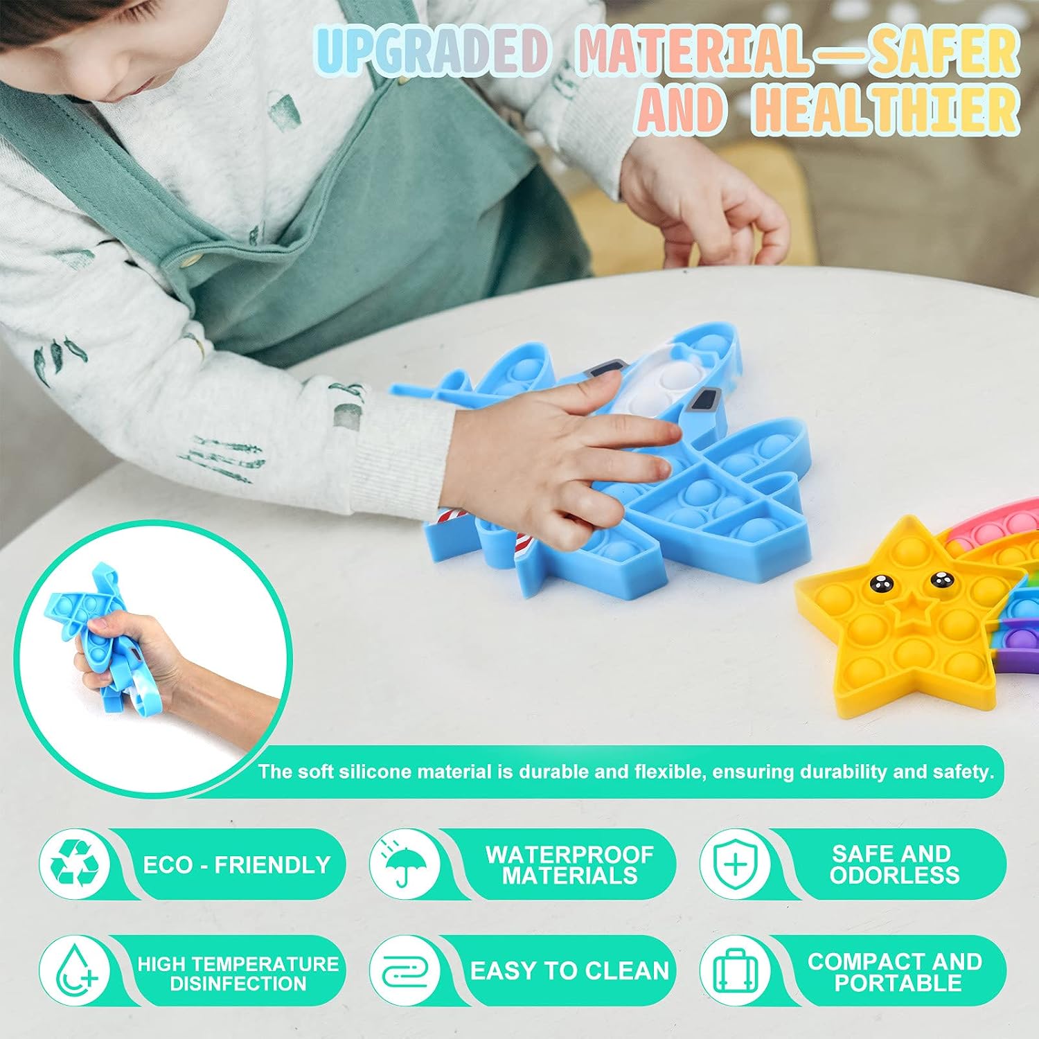 SYAEQ 2PCS Push Bubble Pop Fidget Sensory Toy, Autism Special Needs Silicone Stress Reliever Toy, Anti-Anxiety Squeeze Sensory Toy for Kids Teens Adults Girls Boys (Aircraft&Star)