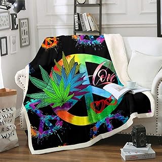 Hippie Peace Art Blanket Cannabis Leaves Flannel Blanket Peace Sign Bed Blanket for Kids Boys Girls Colorful Tie Dye Marijuana Leaf Sherpa Blanket Rainbow Marijuana Weed Leaf Throw Blanket Throw 50x60