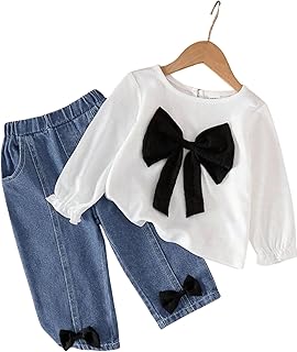 M LASKAR GARMENTS Stylish Kids Wear Top and Denim Jeans Set Long Sleeve Bow Design Crepe Fabric with Dyed Washed Denim Pan...