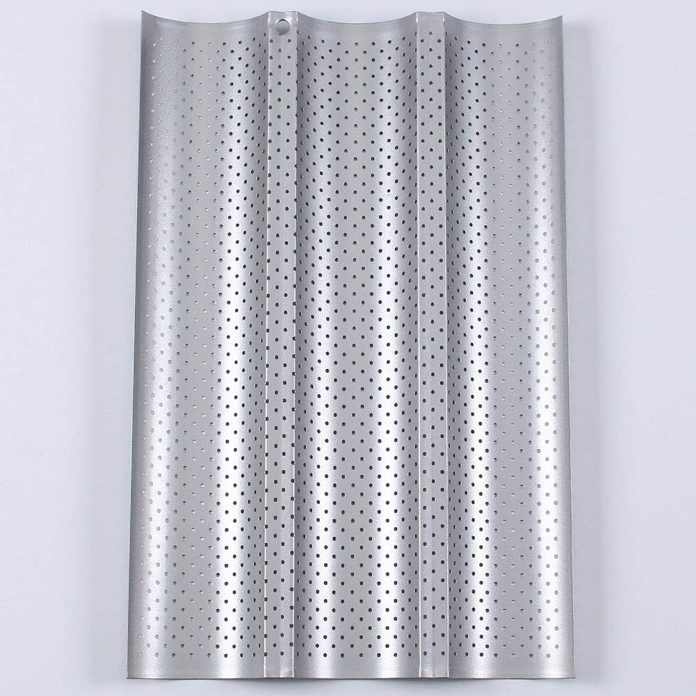 Baguette Baking Tray, Nonstick Wave Mould Fast and Evenly Heating, Perforated Baguette Kitchen Gourmet Making Pan, Baking Sheet, for French Bread, Stick Bread, Toast Maki(Silver 3 Baguettes-1Pcs)
