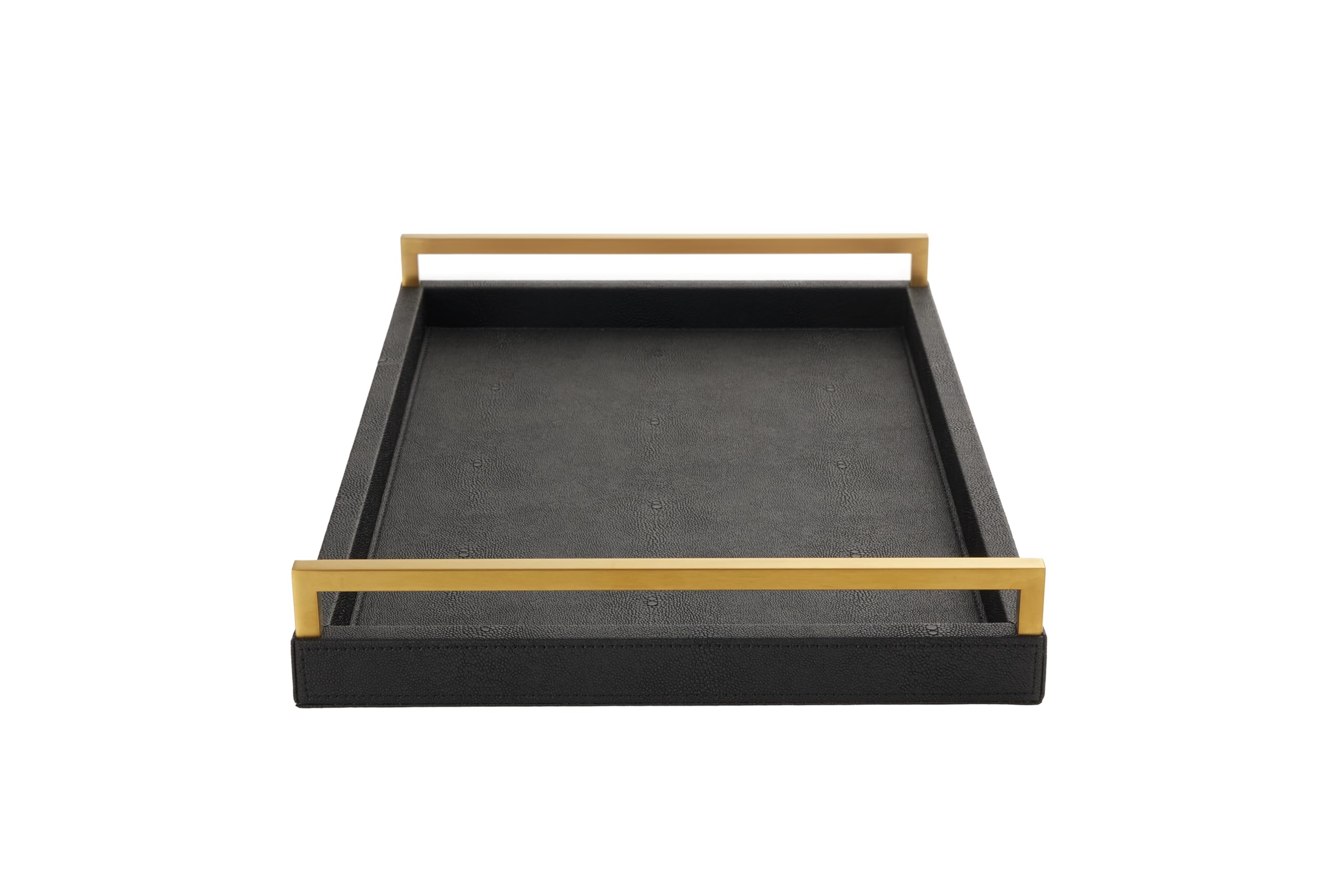 Generic Sagala 45,7 cm großes Serviertablett aus schwarzem Holz mit gebürsteten goldfarbenen Griffen, Shagreen-Leder, dekoratives Tablett, Couchtisch, großes Ottoman-Tablett für modernes Wohnzimmer,