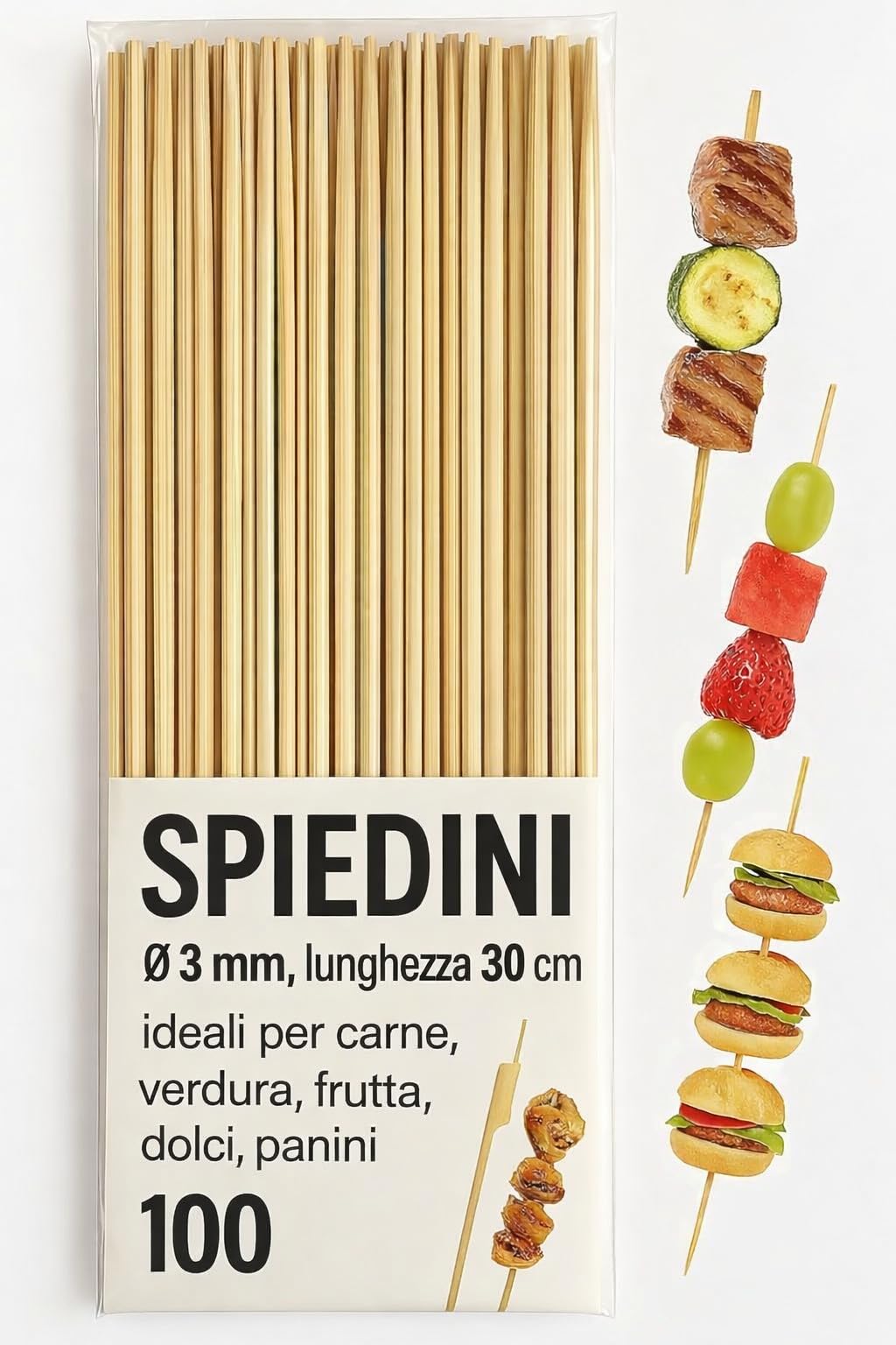 Set 100 Spiedini in Legno 30 cm x 3 mm – Bastoncini Lunghi per Carne, Frutta, Dolci, Panini, Barbecue e Finger Food – Naturali, Resistenti, Monouso, Eco-Friendly