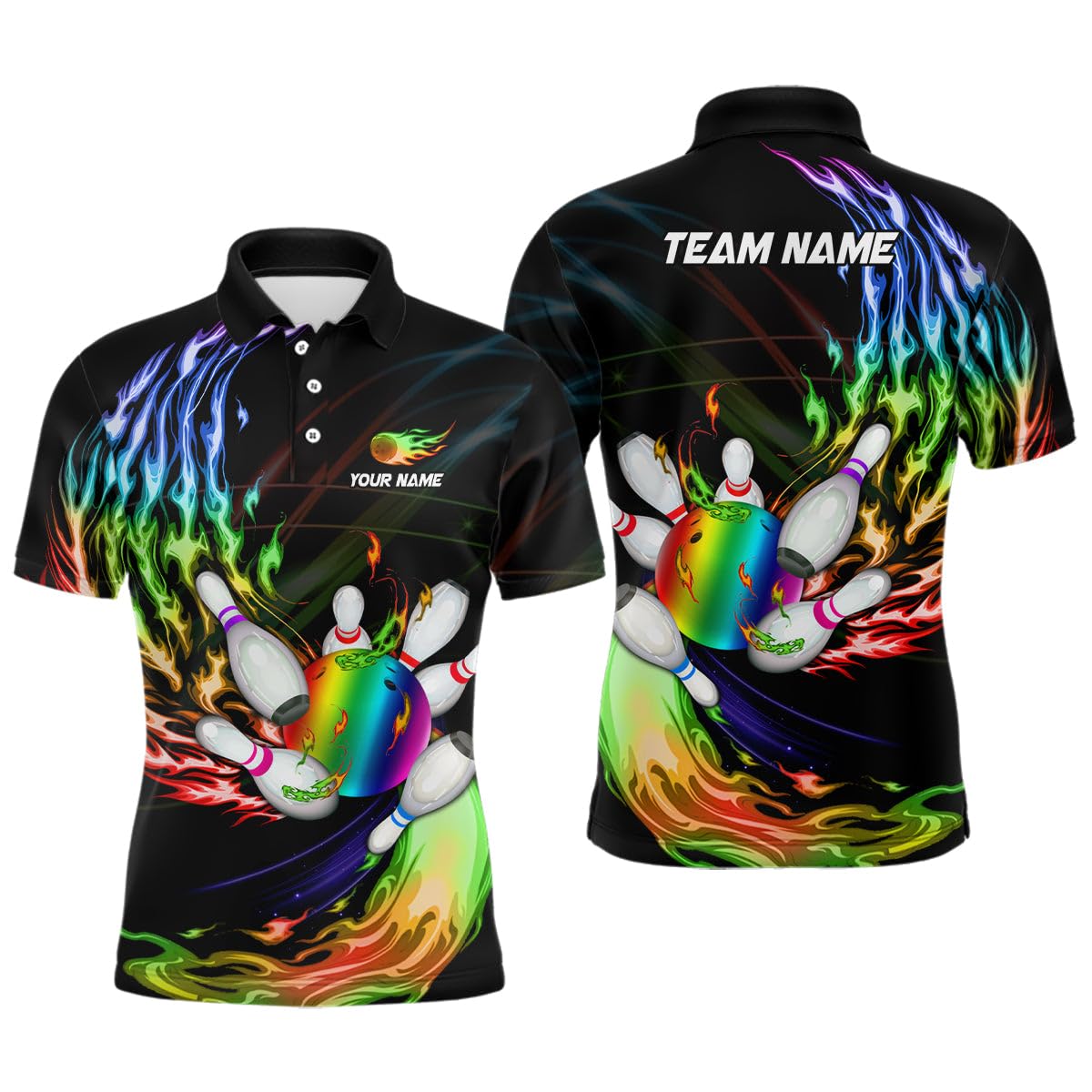 Herren & Damen Polo & Quater Zip Bowling Shirt mit Regenbogenflamme, Bowlingkugel und Pins, Custom Team-Liga-Trikot N6807