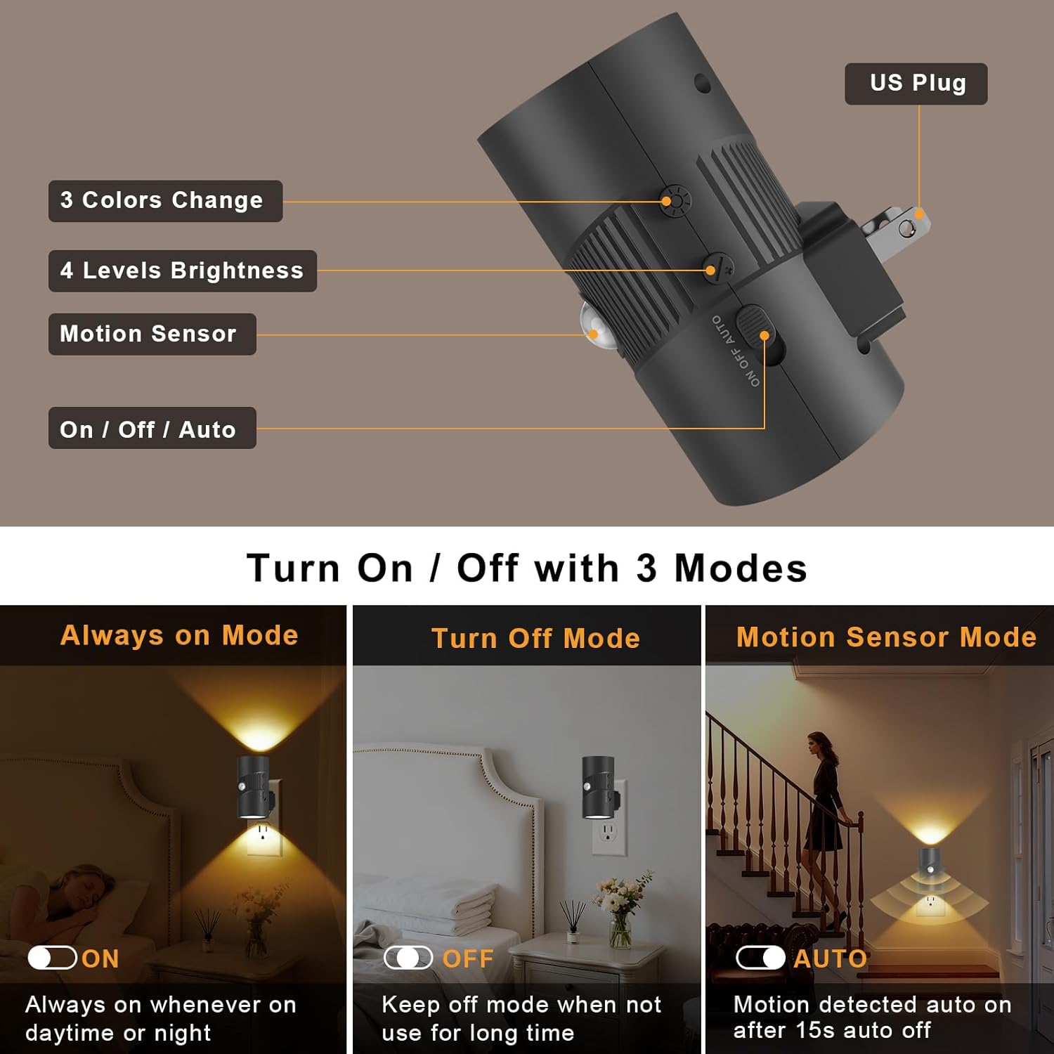 easuntec Motion Sensor Night Light, Night Lights Plug into Wall, Motion Sensor & Dusk to Dawn Sensor, 3 Light Modes, Dimmable Night Light for Bedroom Bathroom Hallway Stair (Black, 2 Pack)