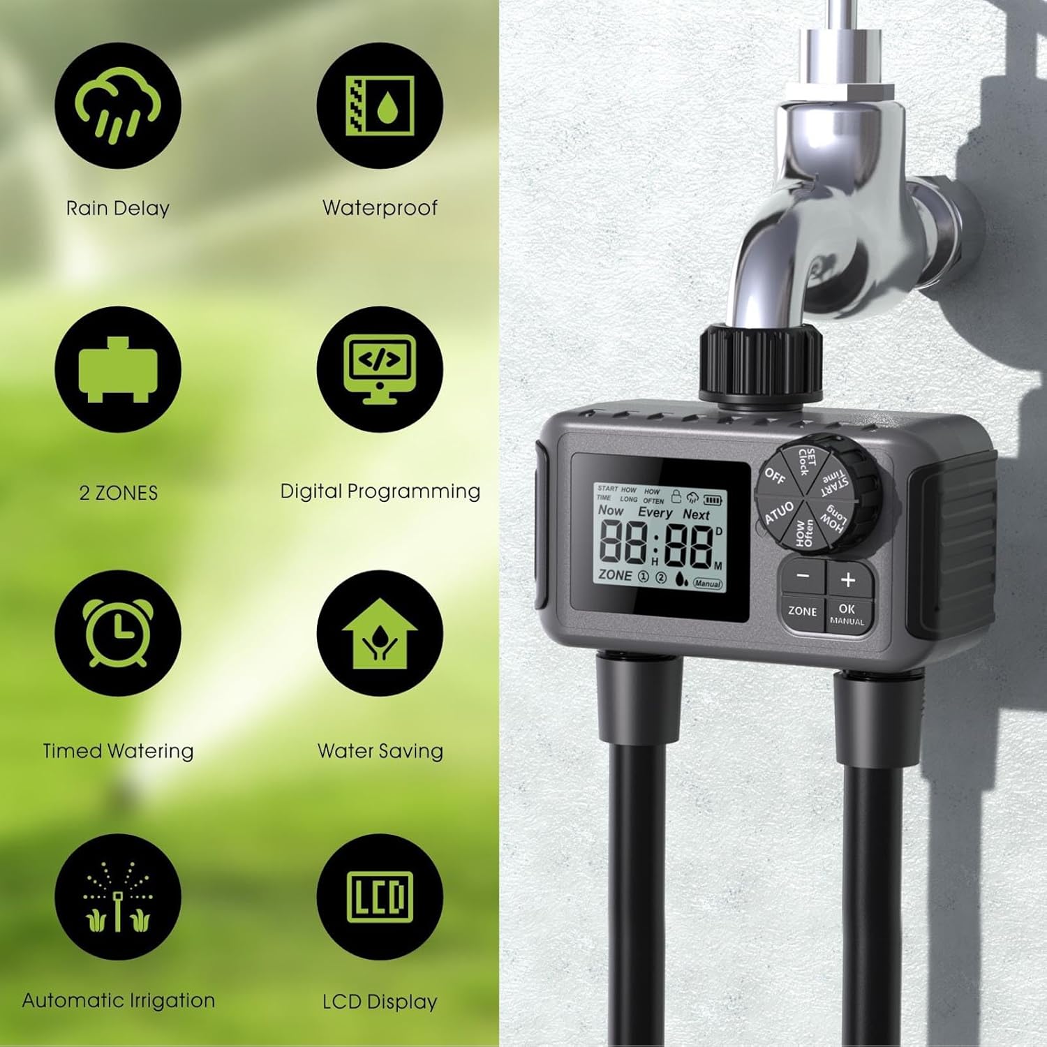 2 Outlet Sprinkler Timer Programmable Hose Watering Timer Rain Delay Manual Auto Irrigation for Courtyard Lawn Swim Pool IPX5 Water Proof Rating
