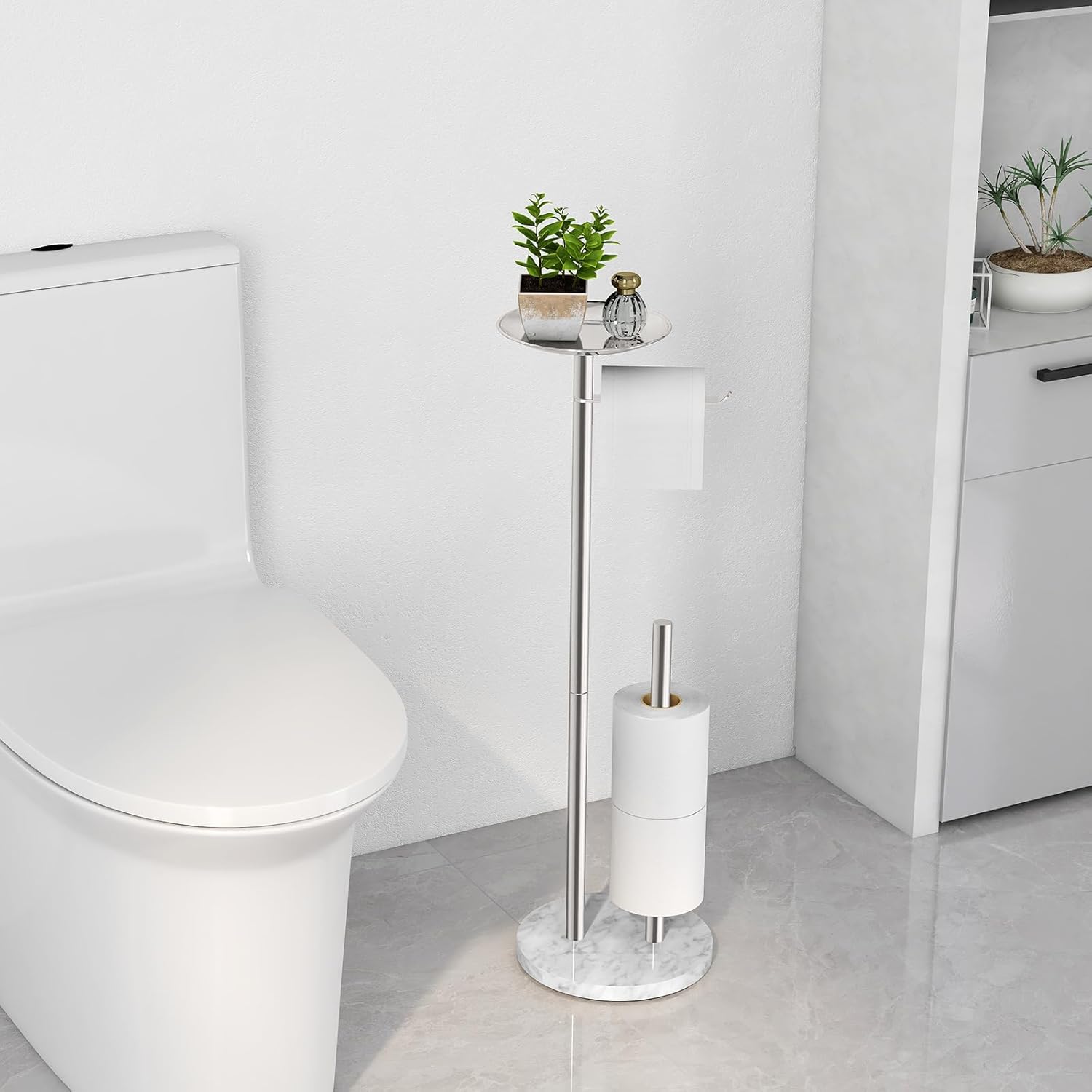 Toilet Paper Holder Stand with Marble Base, Toilet Paper Holder Stand Free Standing with Phone Shelf, Large Capacity Bathroom Toilet Paper Stand Reserve for 4 Rolls (Brush Nickel)